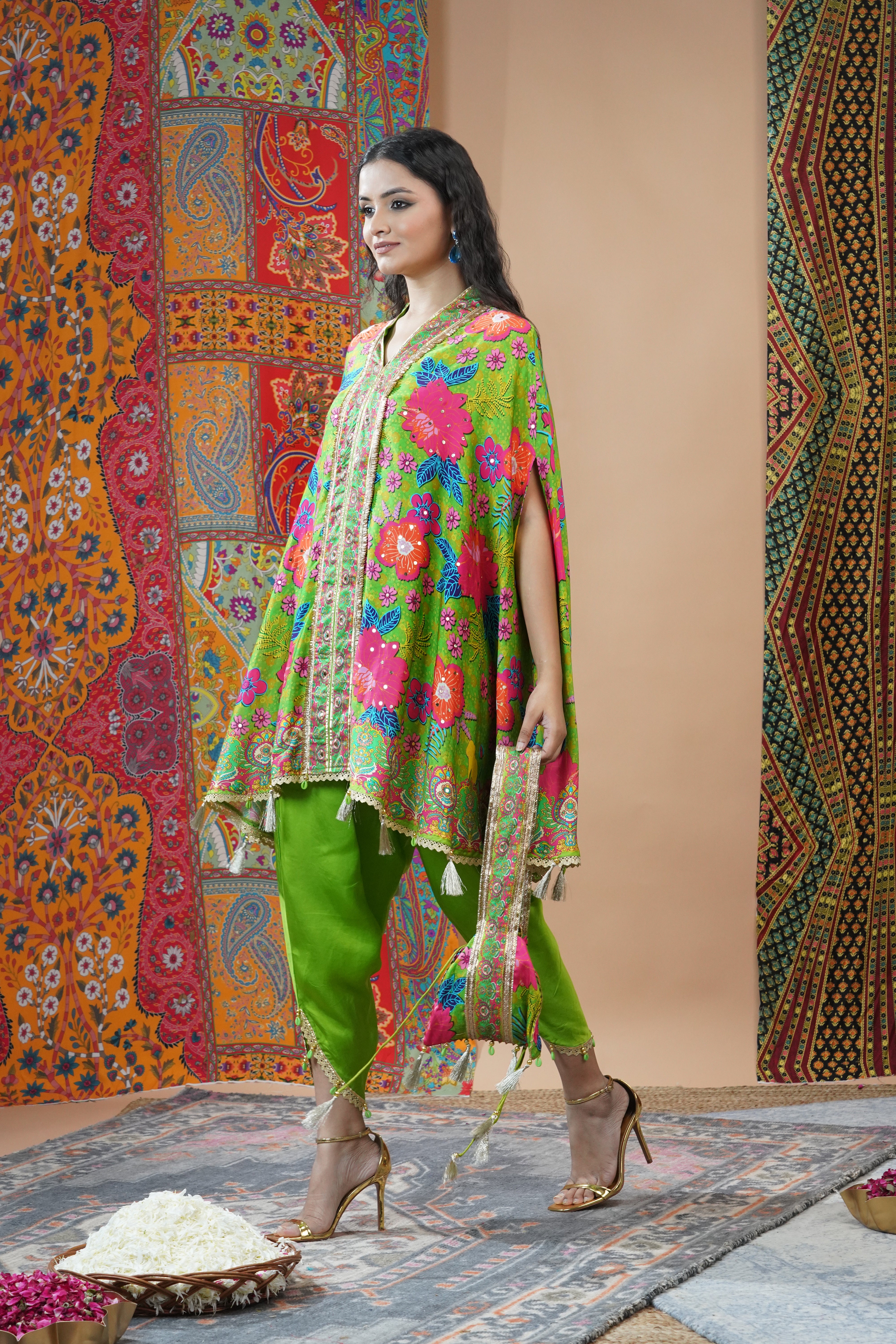 Light Green Floral Printed Crepe Silk Kaftan Set