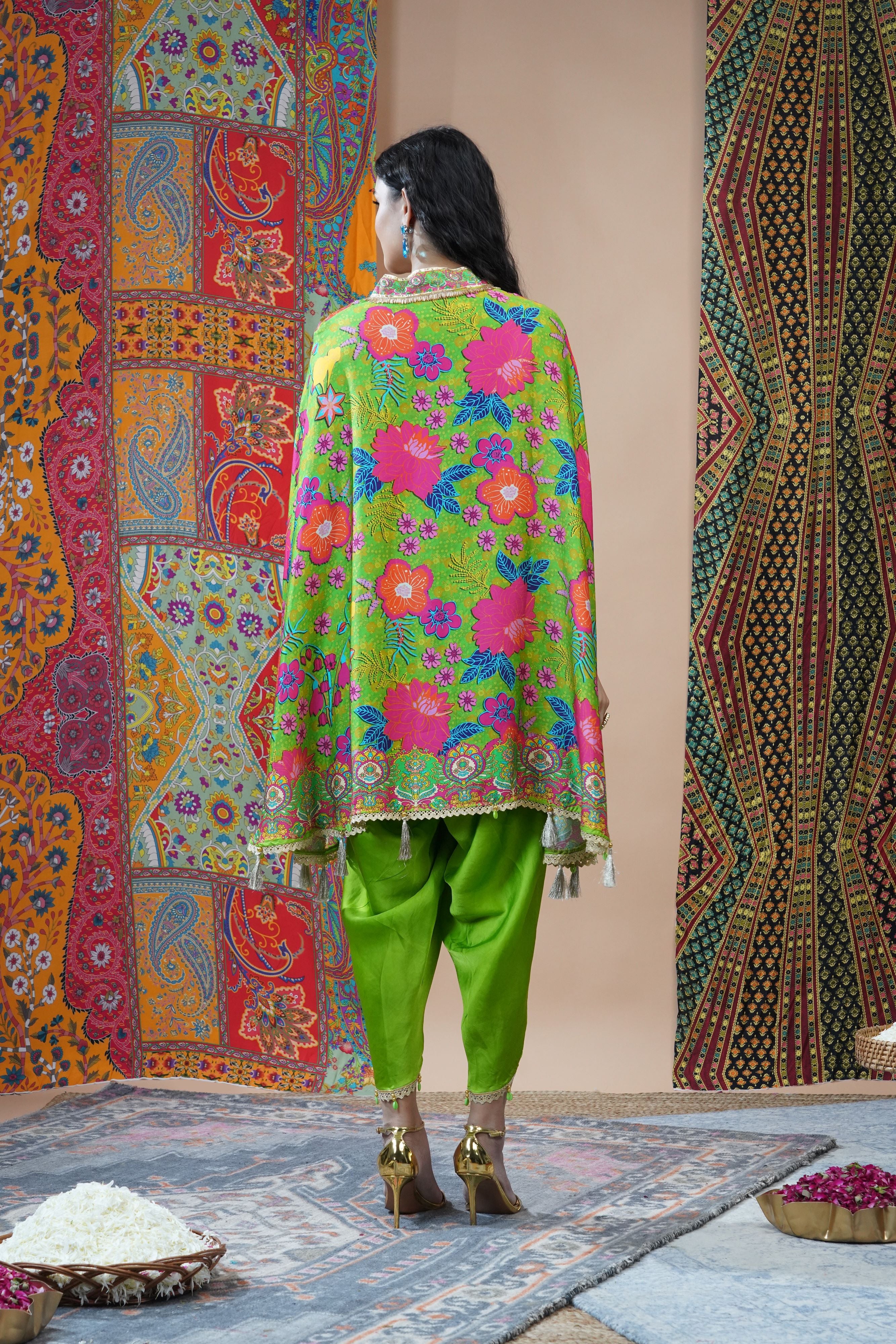 Light Green Floral Printed Crepe Silk Kaftan Set