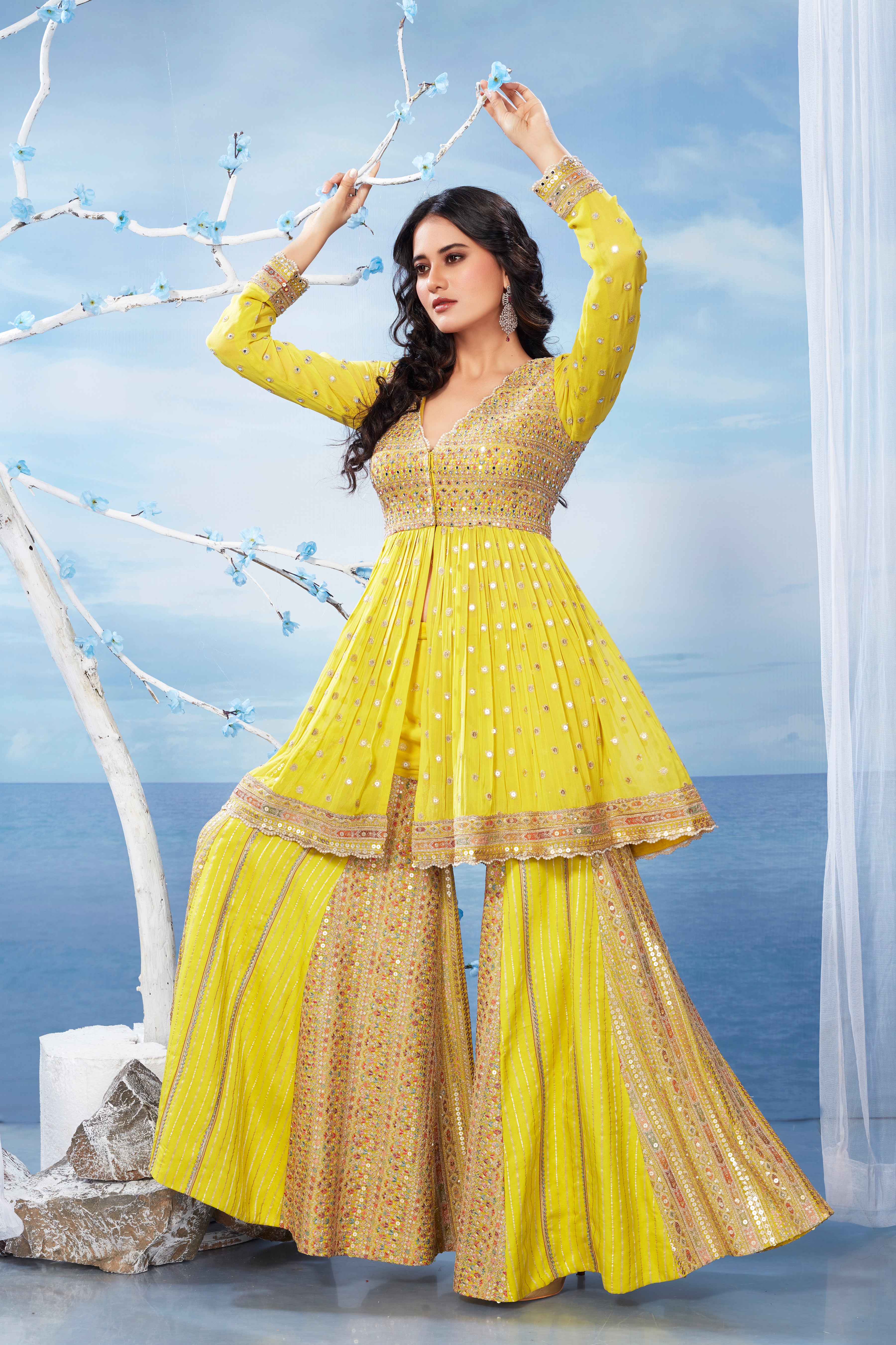 Golden Yellow Embellished  Premium Silk Sharara Set