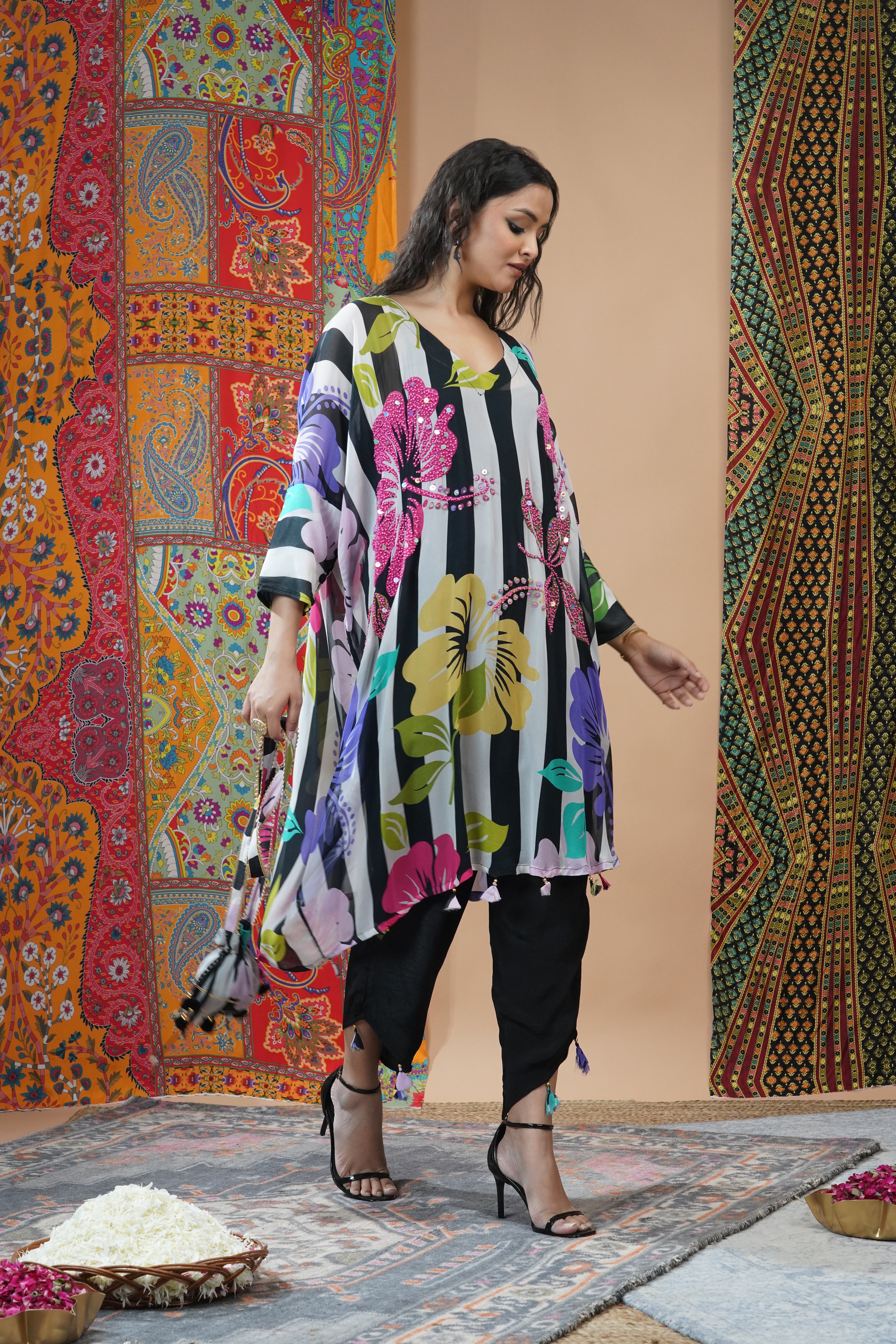 Black Floral Printed Crepe Silk Kaftan Set