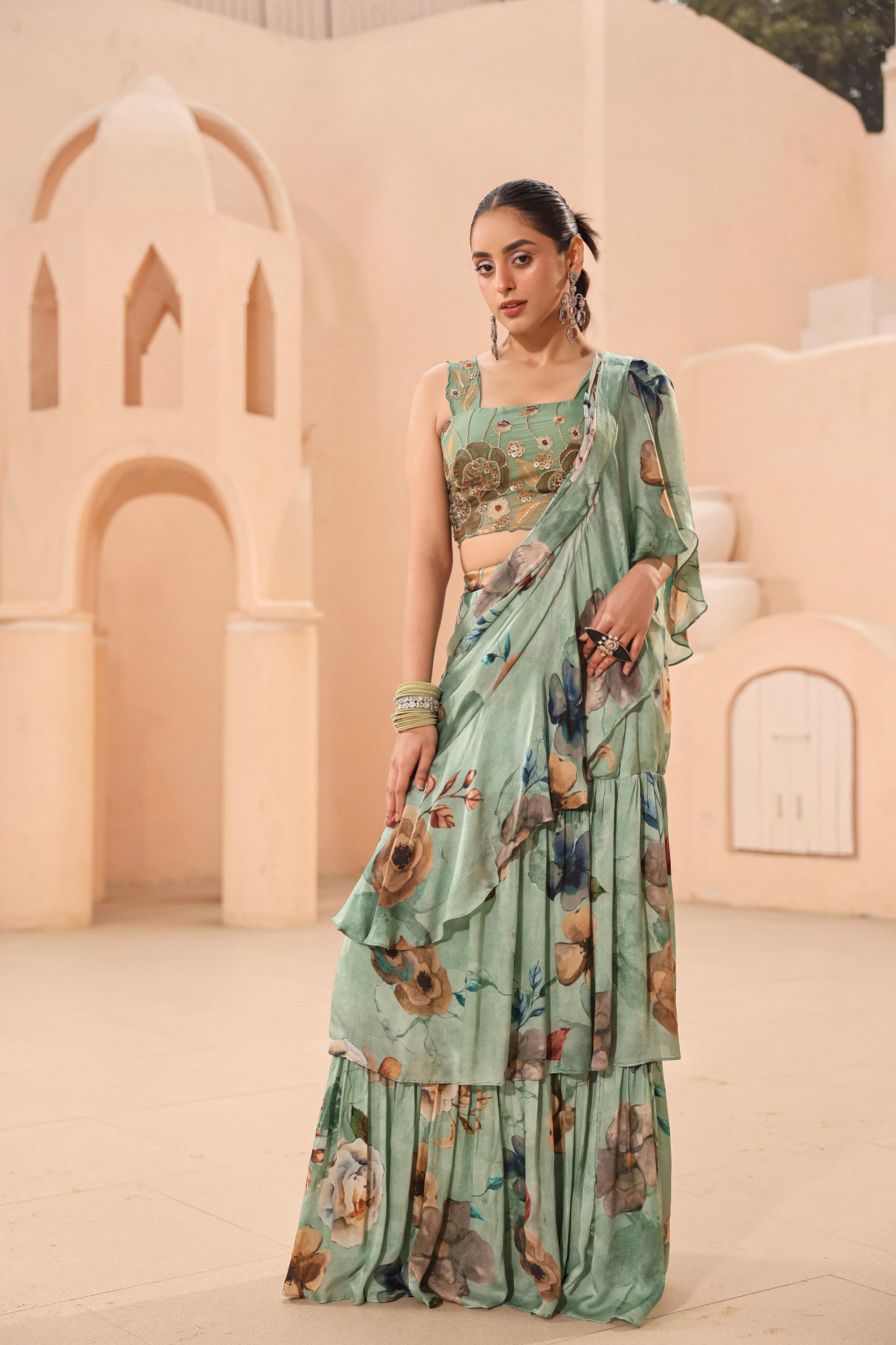 Turquoise Green Floral Printed Satin Georgette Drape Saree