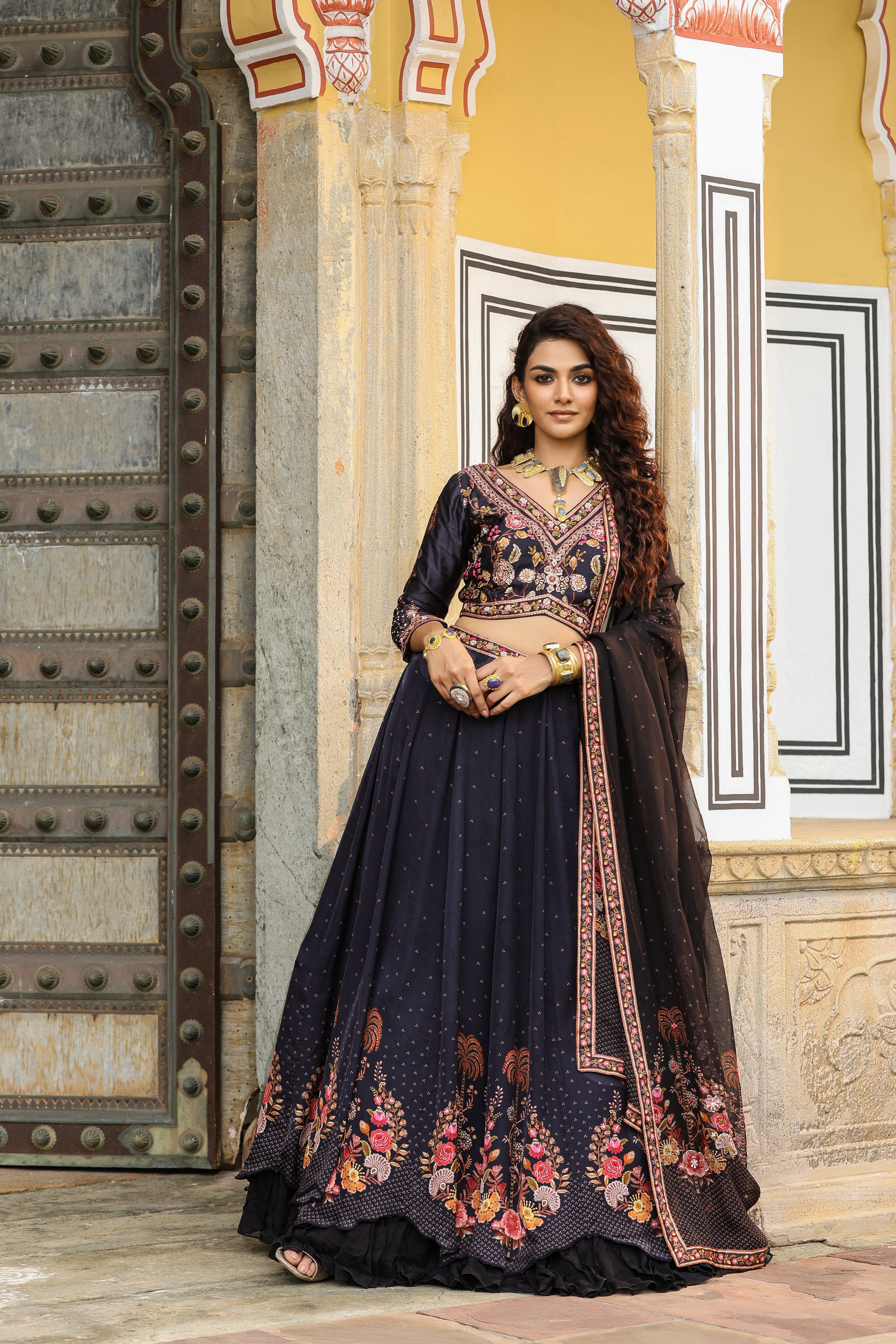 Black Printed Satin Silk Lehenga Set