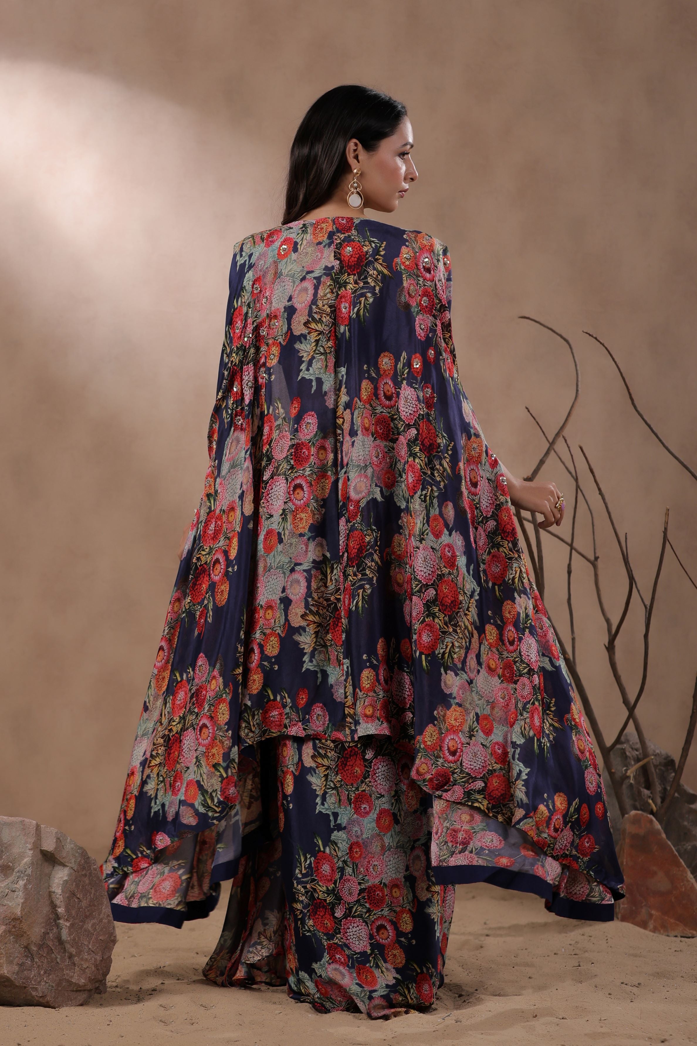 Deep Blue Floral Printed Organza Silk Cape Set