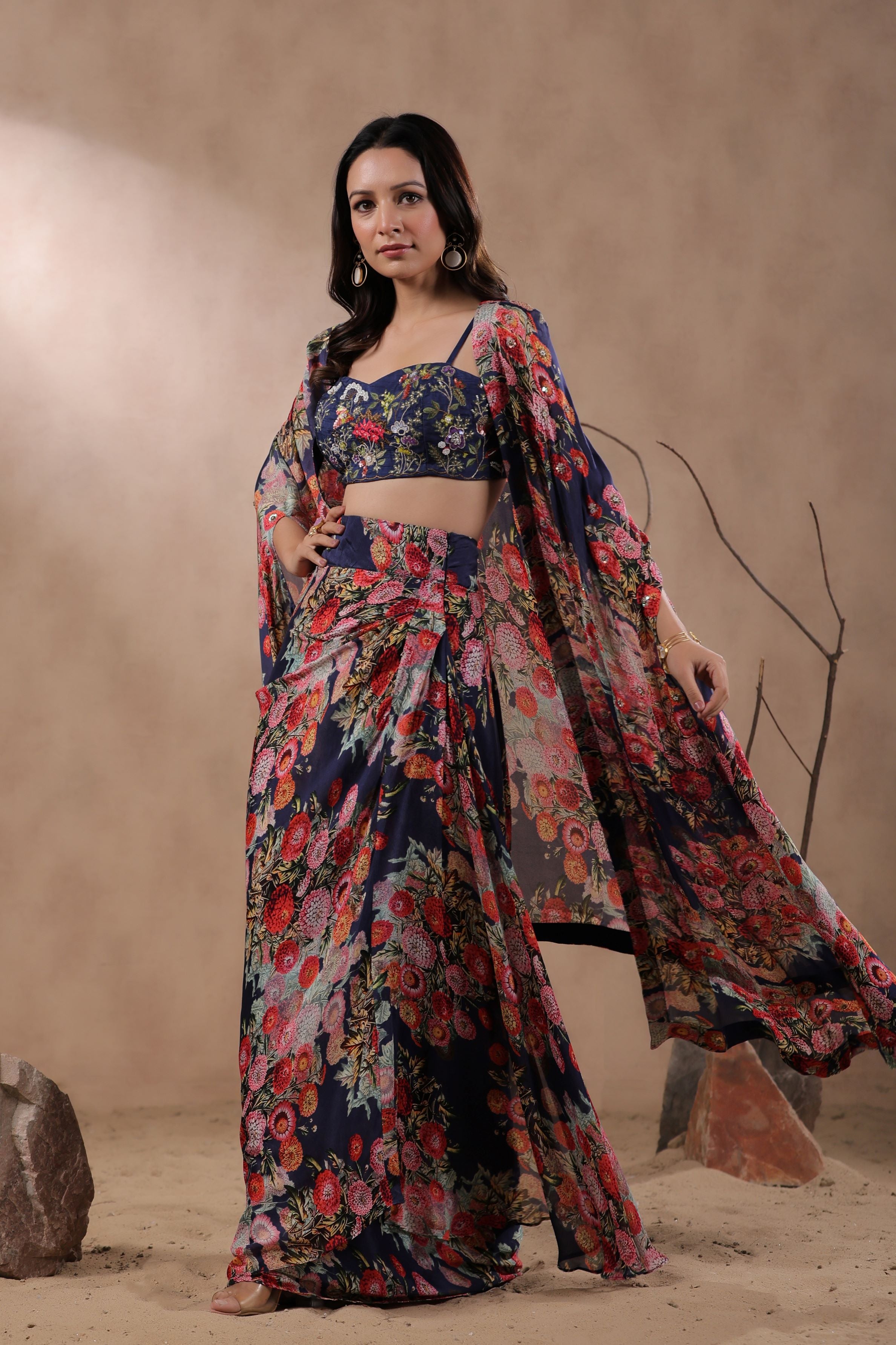 Deep Blue Floral Printed Organza Silk Cape Set