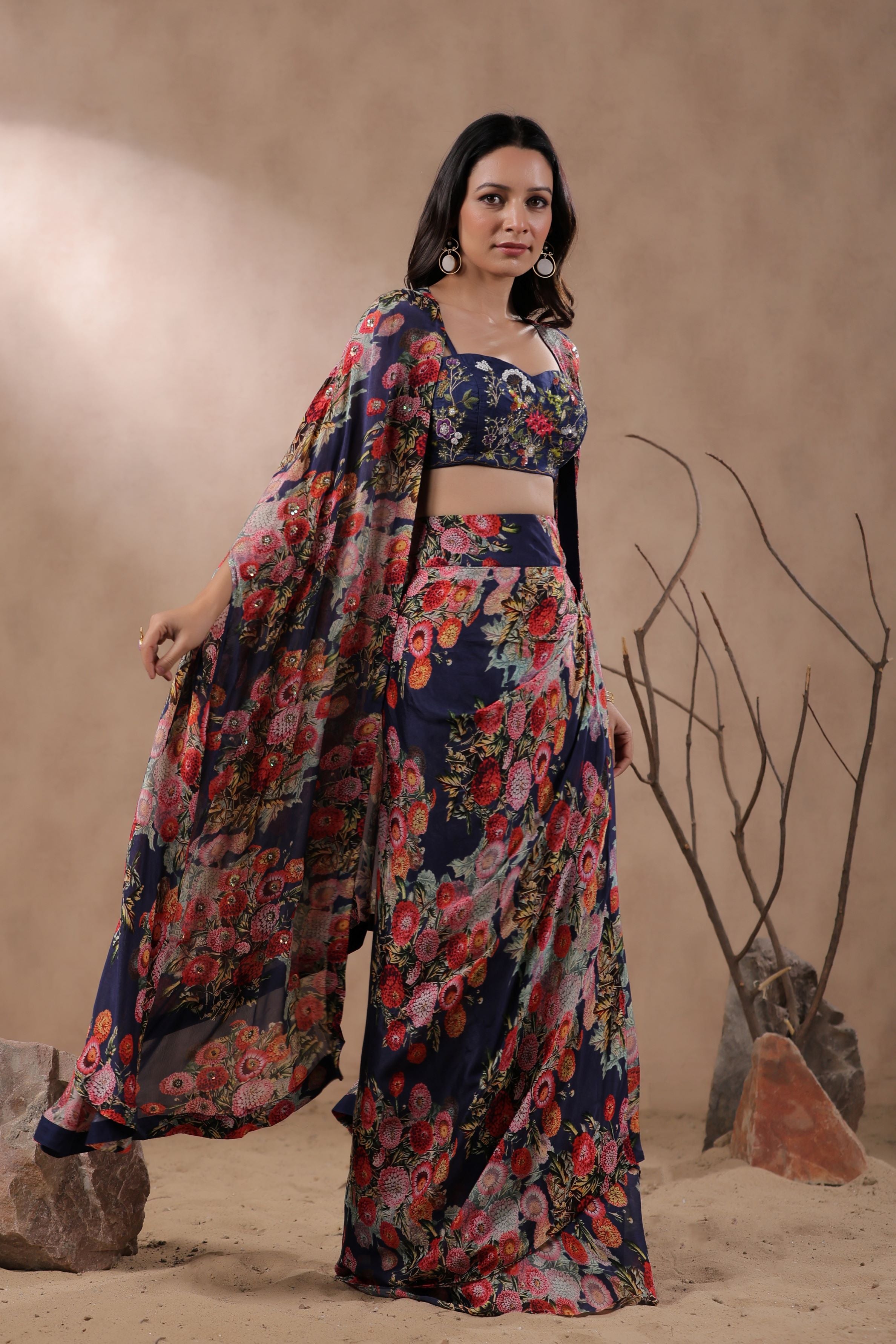 Deep Blue Floral Printed Organza Silk Cape Set