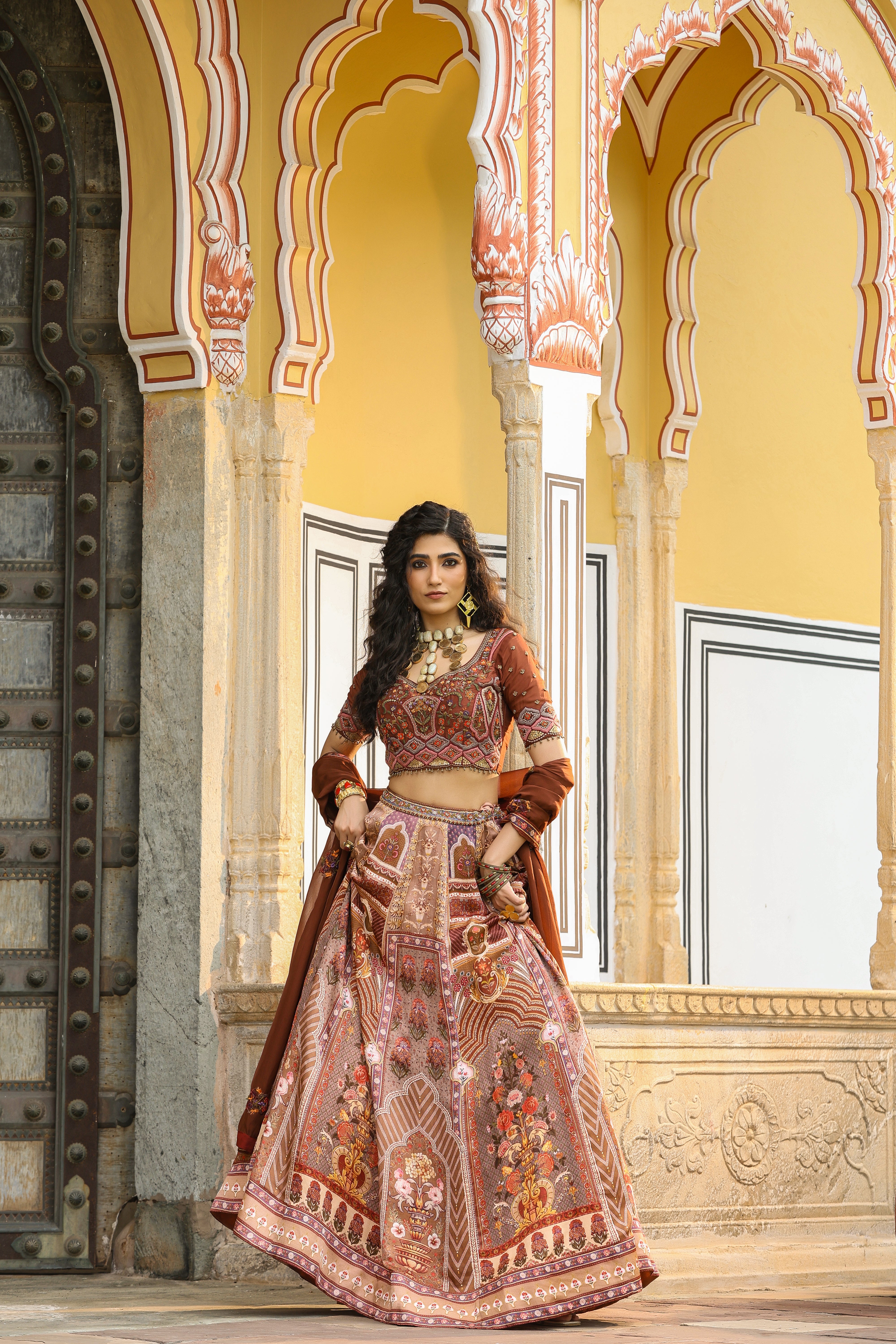 Moss Brown Traditional Printed Satin Silk Lehenga Set