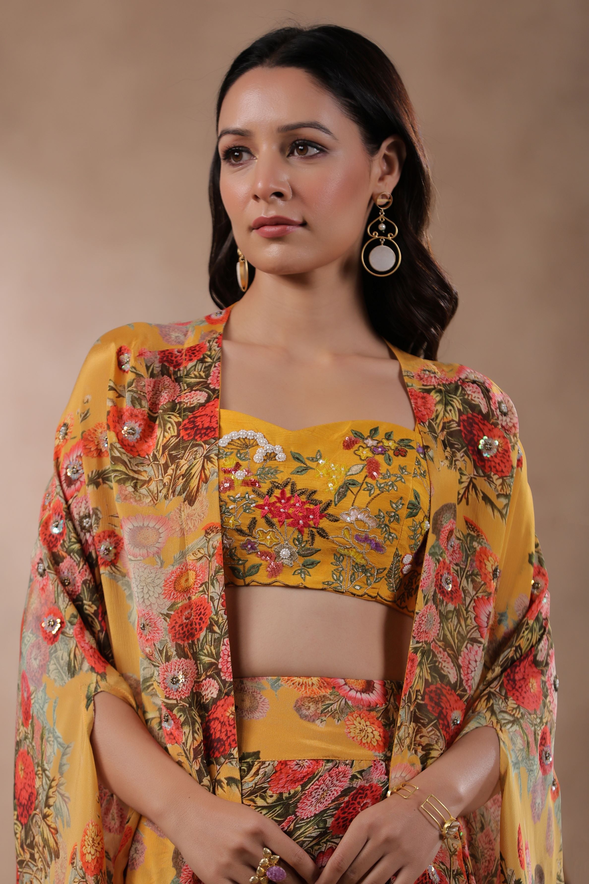 Mustard Floral Printed Organza Silk Cape Set