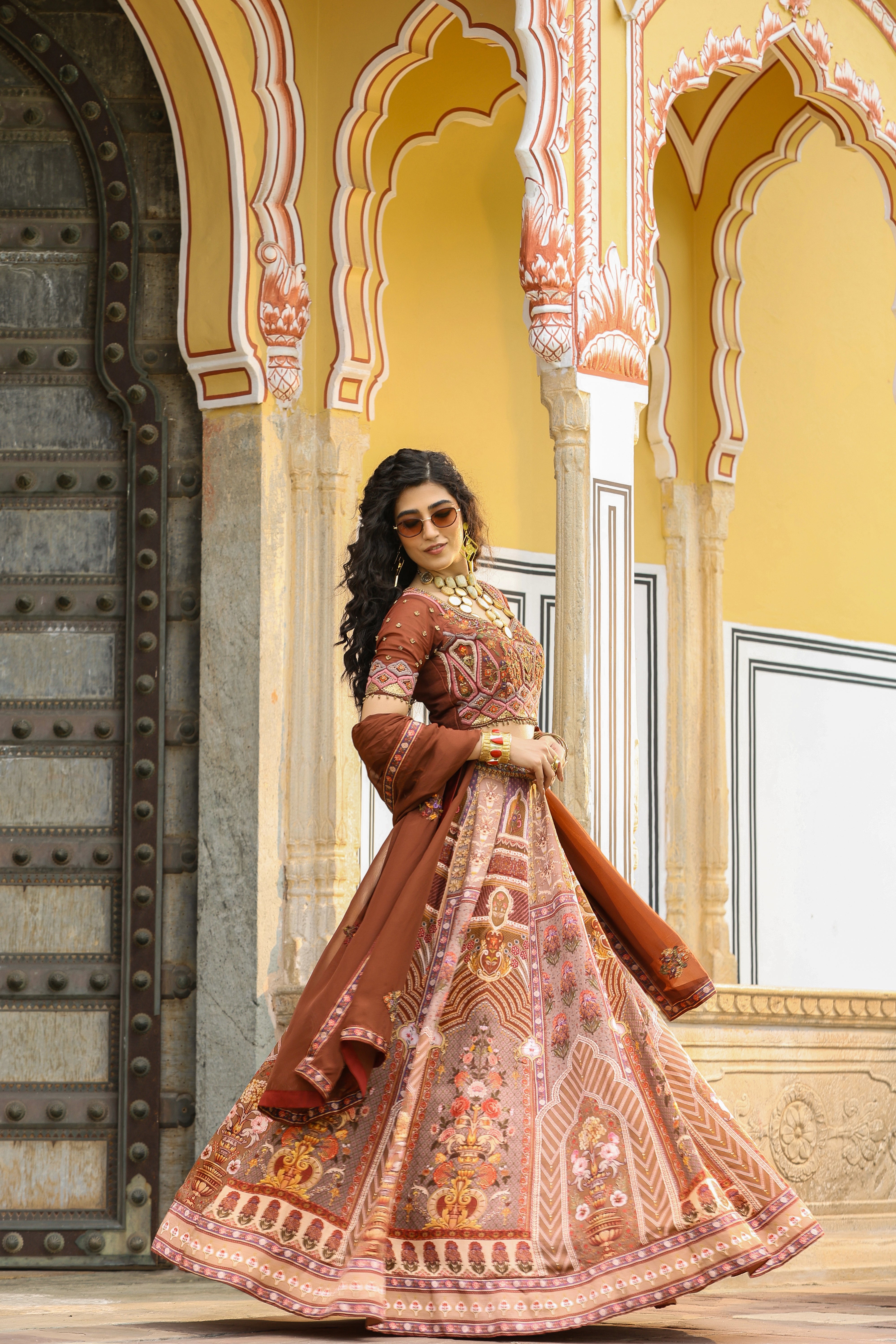 Moss Brown Traditional Printed Satin Silk Lehenga Set