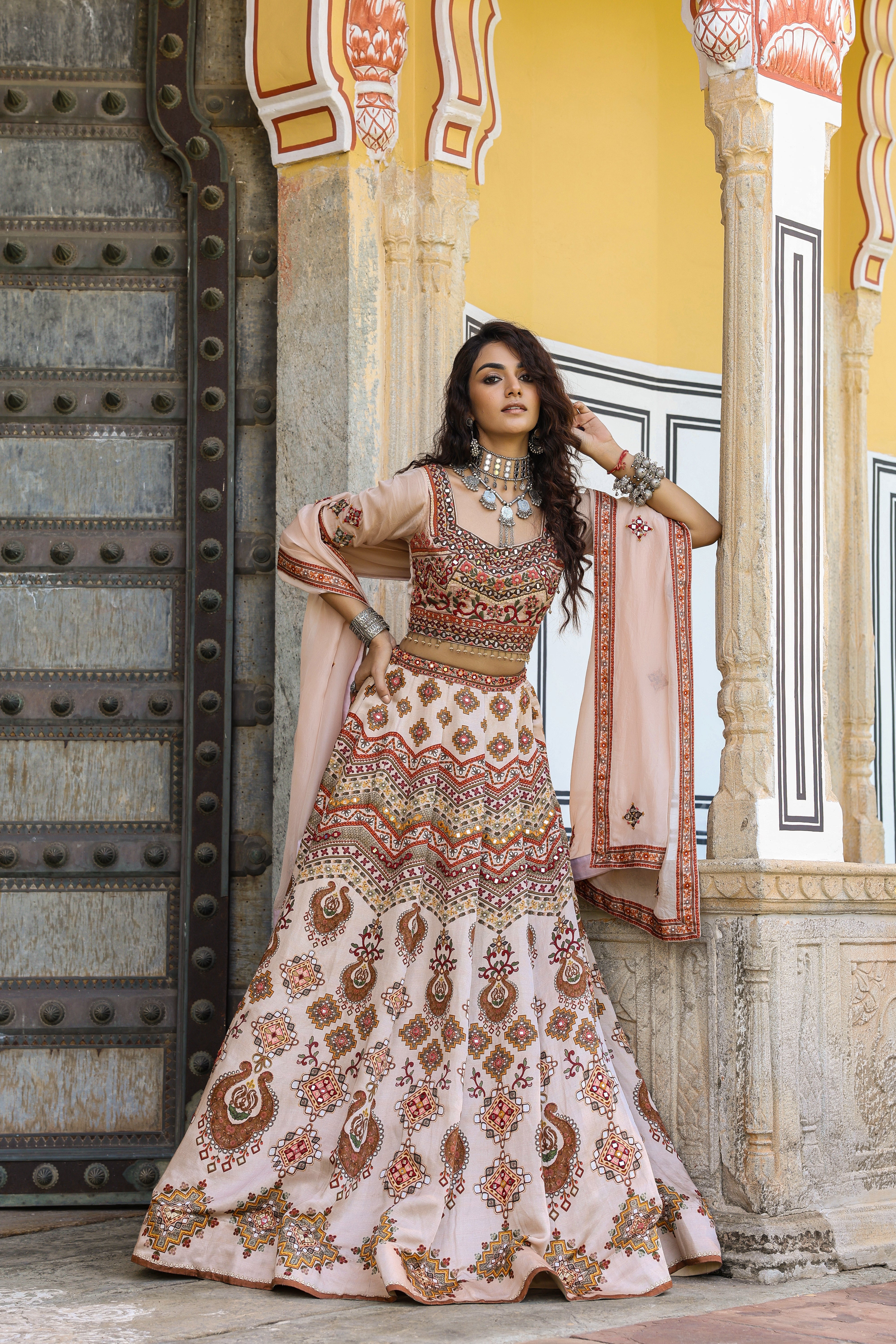 Pink Nude Printed Satin Silk Lehenga Set