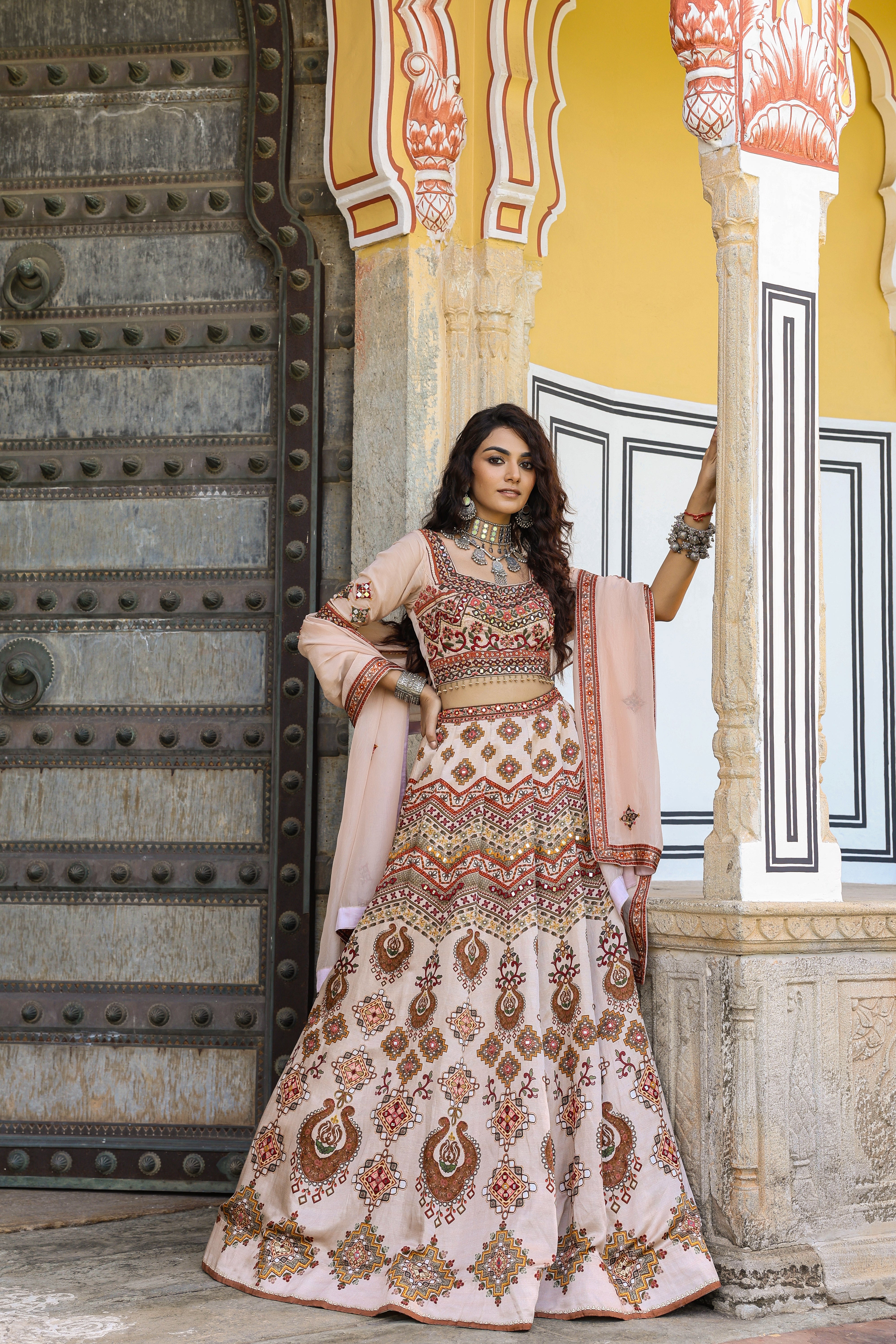 Pink Nude Printed Satin Silk Lehenga Set