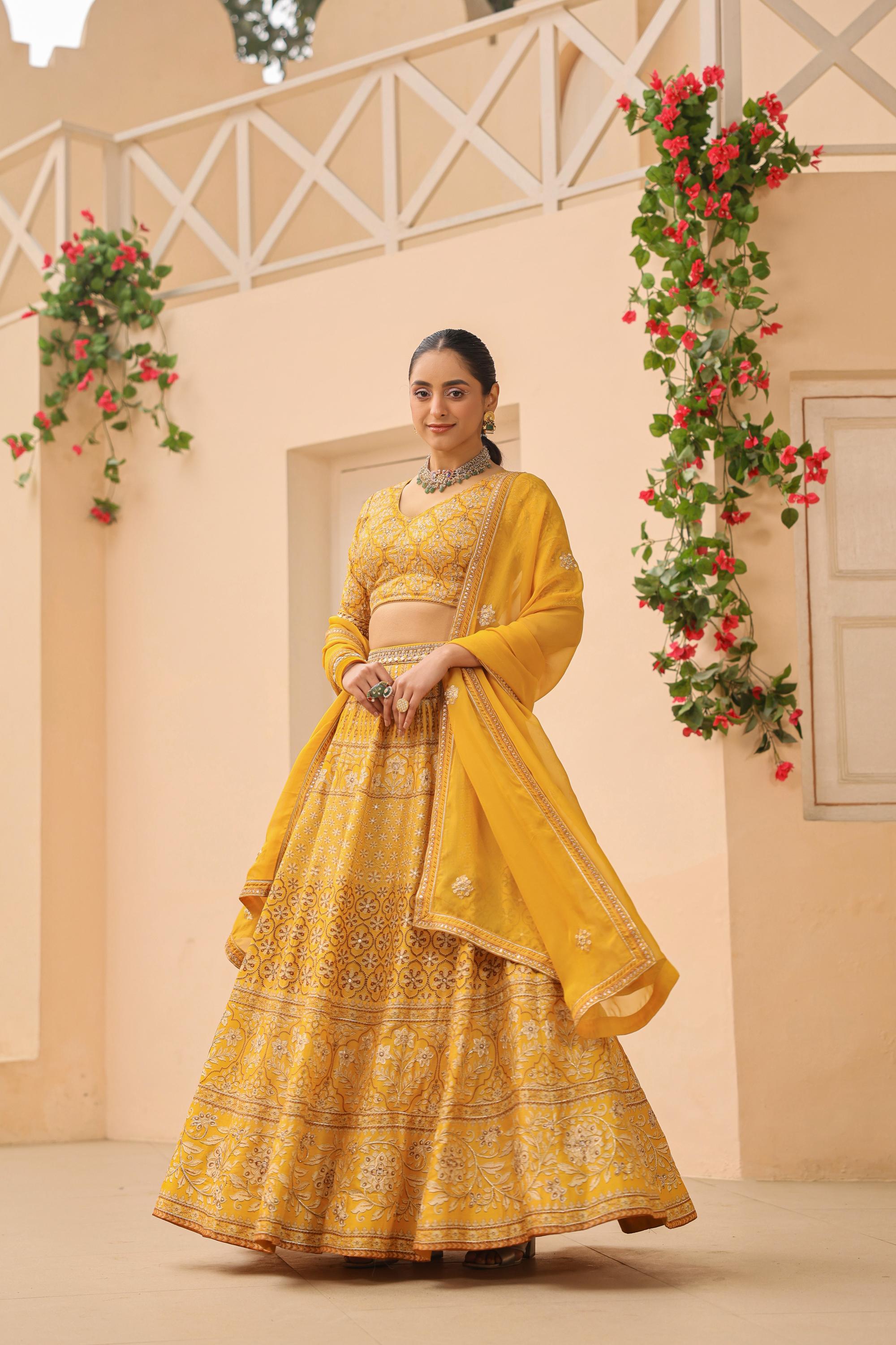 Mustard Yellow Traditional Printed Raw Silk Lehenga Set