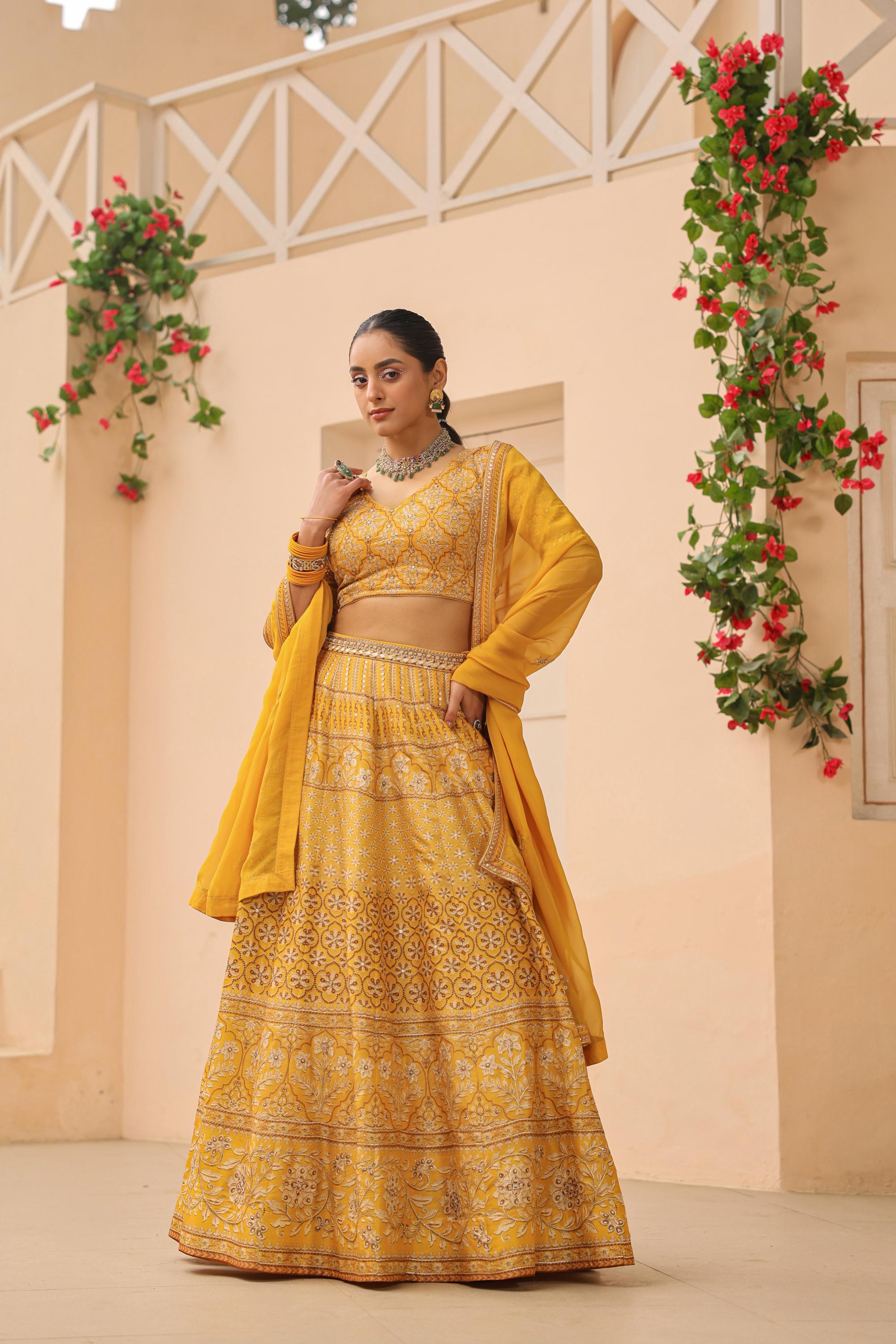 Mustard Yellow Traditional Printed Raw Silk Lehenga Set