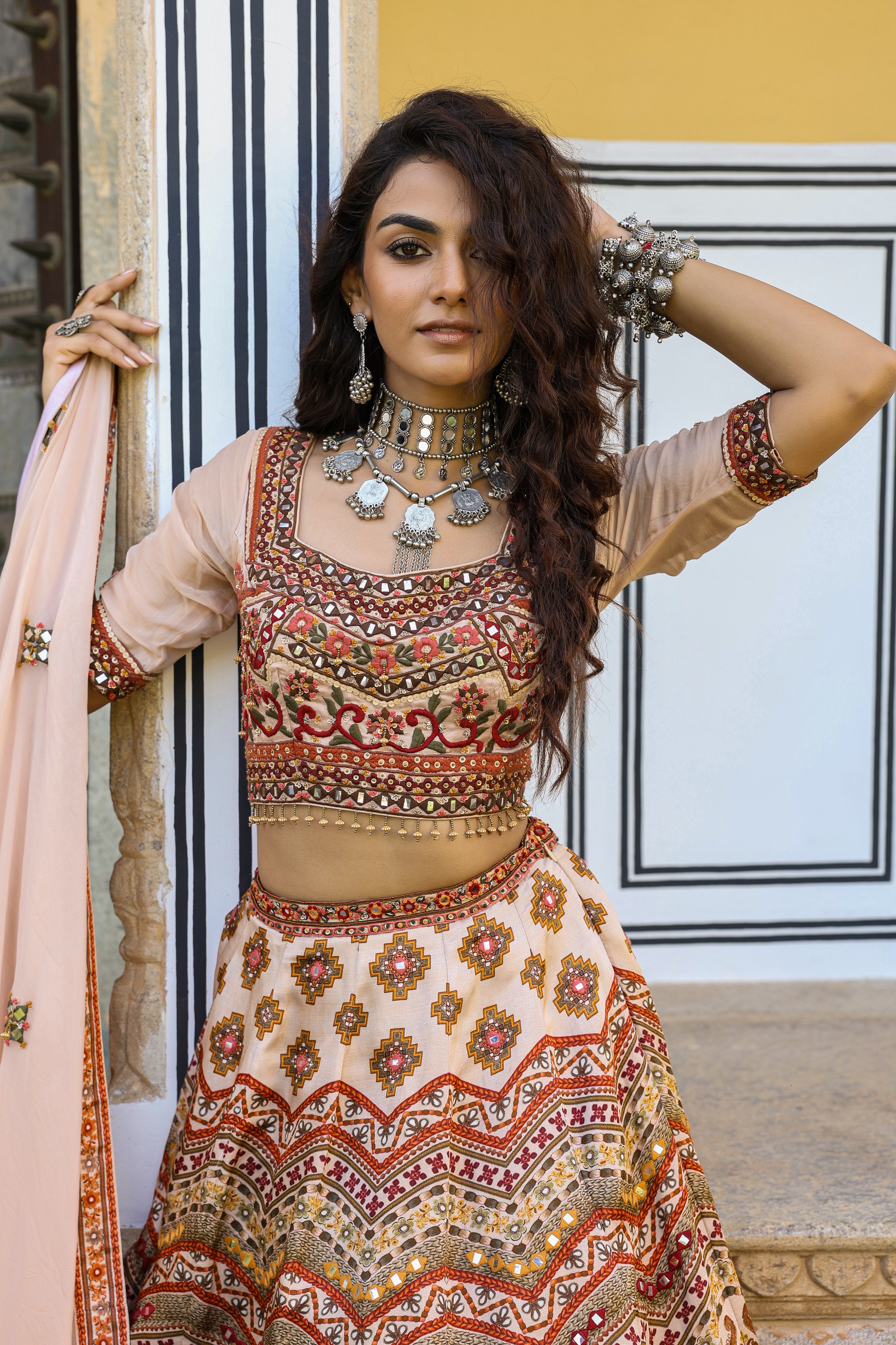 Pink Nude Printed Satin Silk Lehenga Set