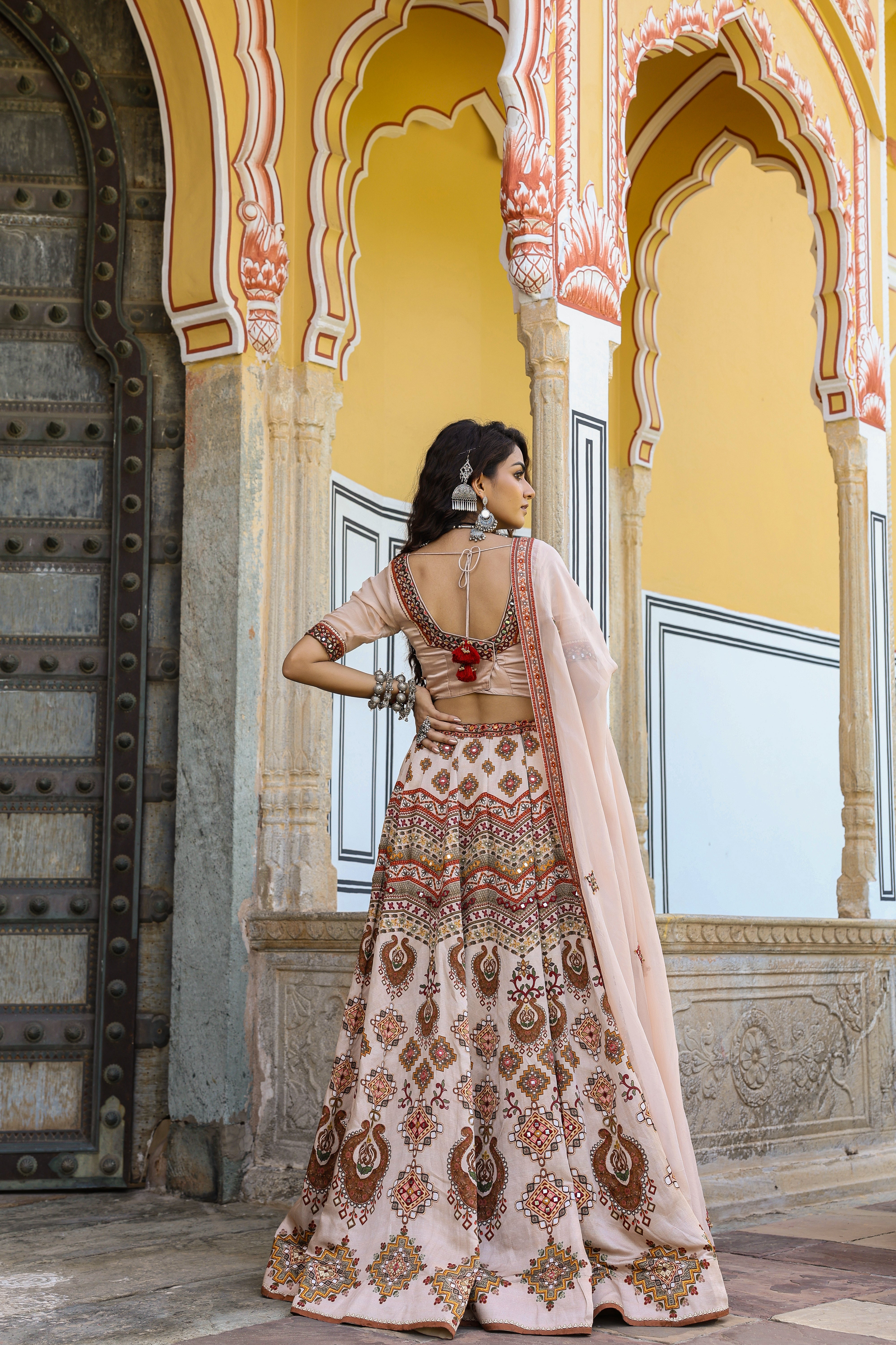 Pink Nude Printed Satin Silk Lehenga Set