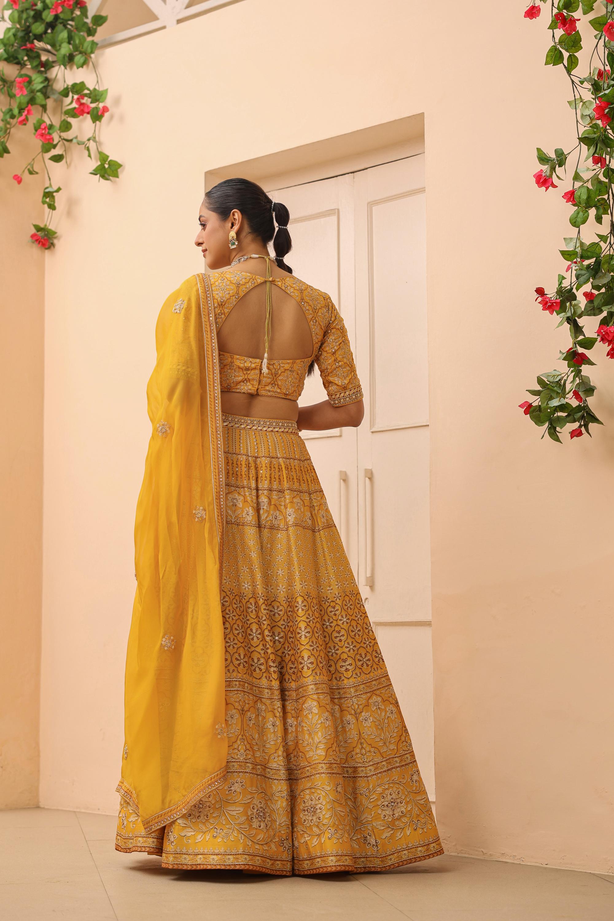 Mustard Yellow Traditional Printed Raw Silk Lehenga Set