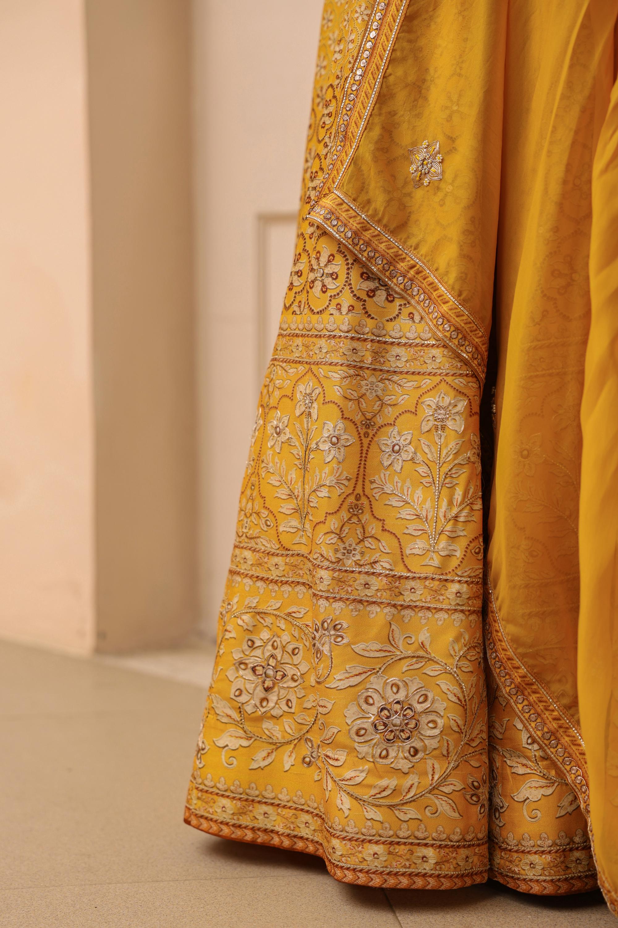 Mustard Yellow Traditional Printed Raw Silk Lehenga Set