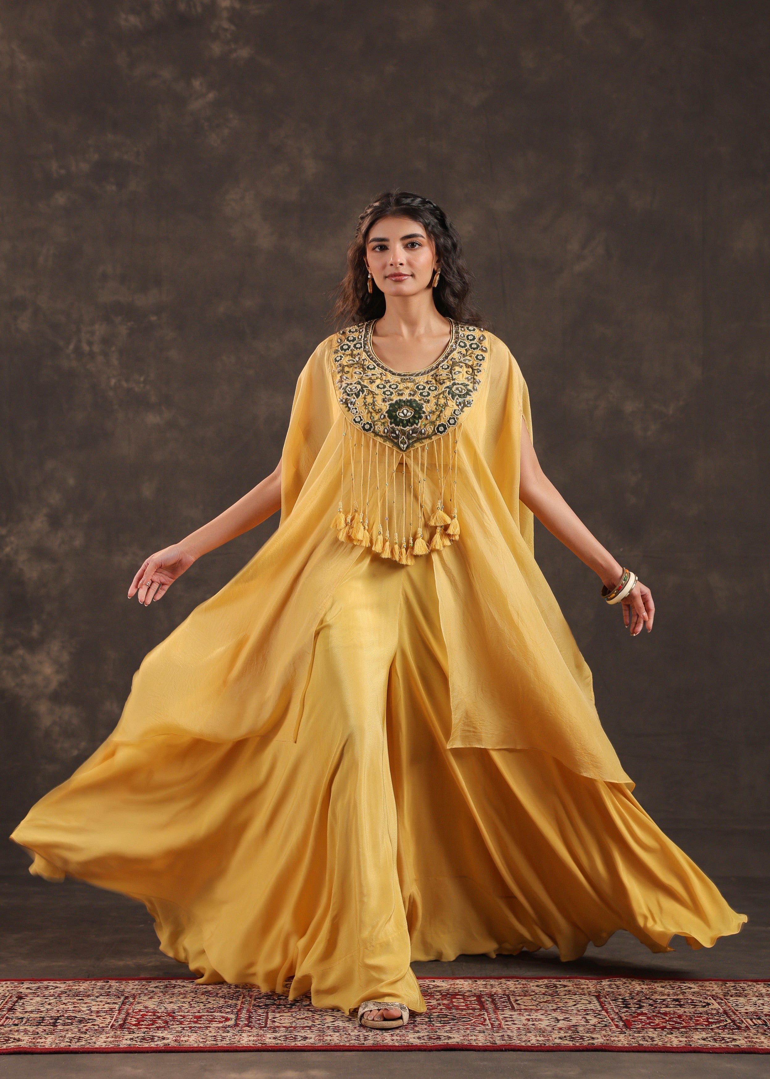 Saffron Allure Embellished Organza Silk Palazzo Set