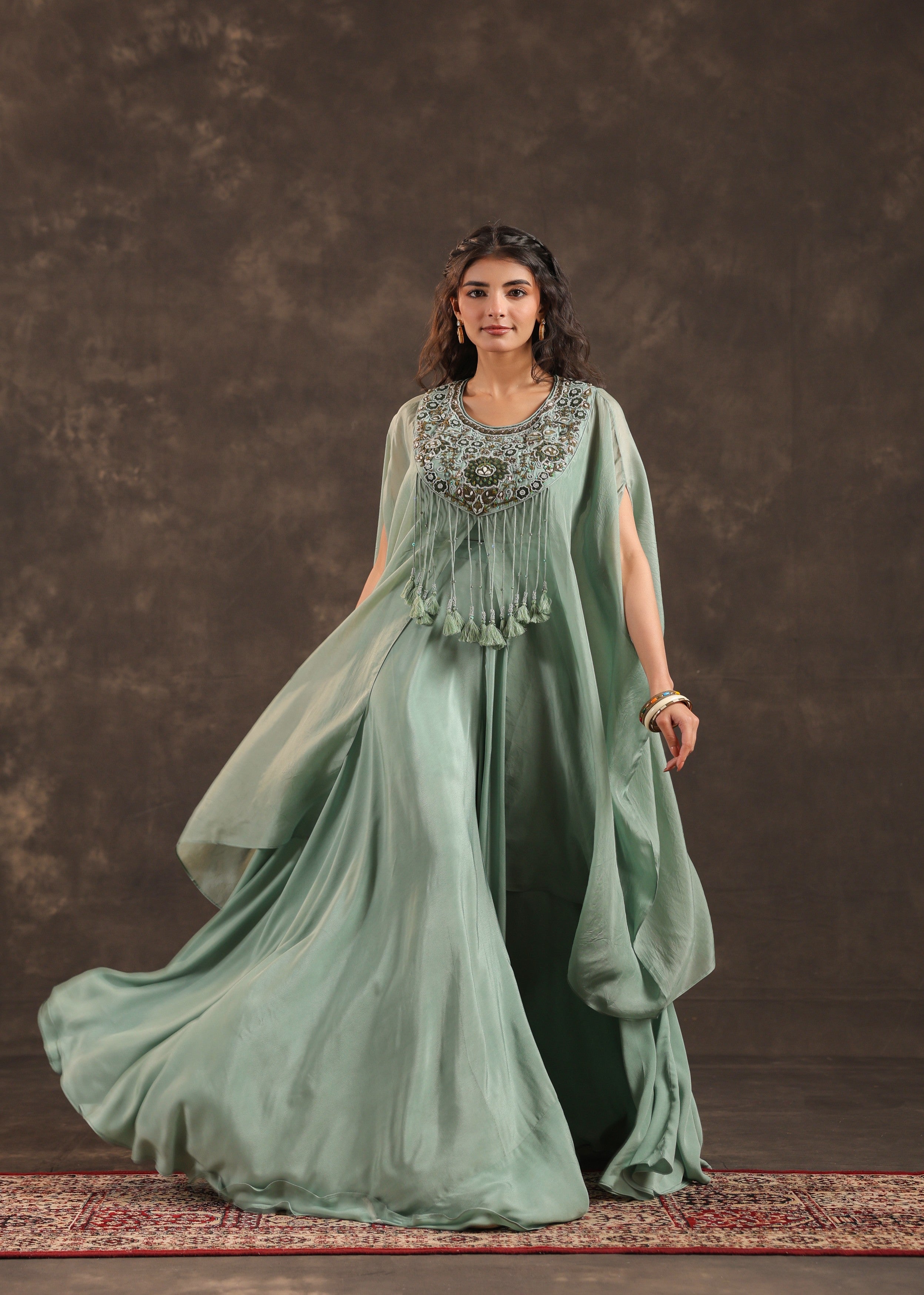 Sage Allure Embellished Organza Silk Palazzo Set
