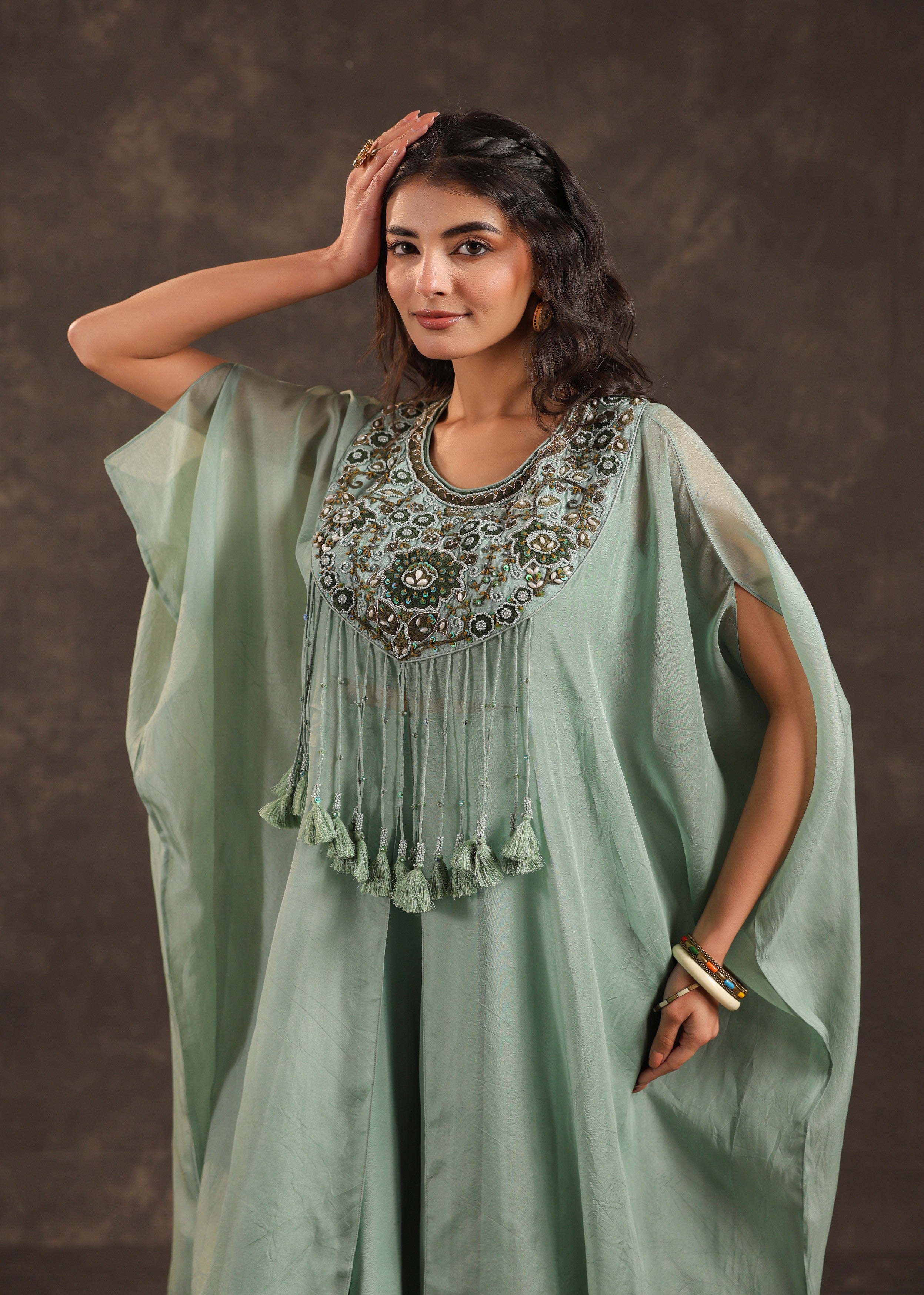 Sage Allure Embellished Organza Silk Palazzo Set