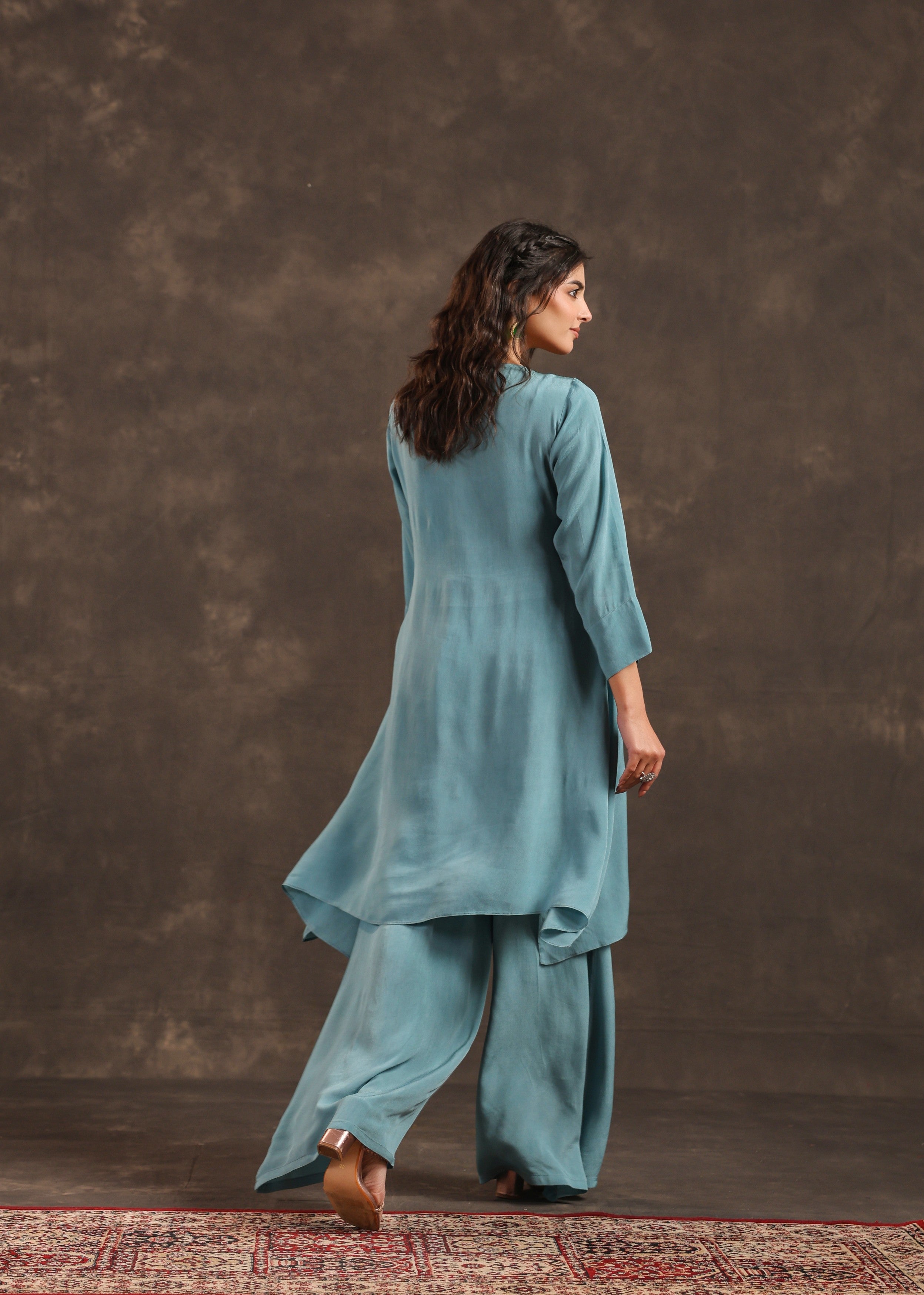 Sky Bloom Embellished Crepe Silk Palazzo Set