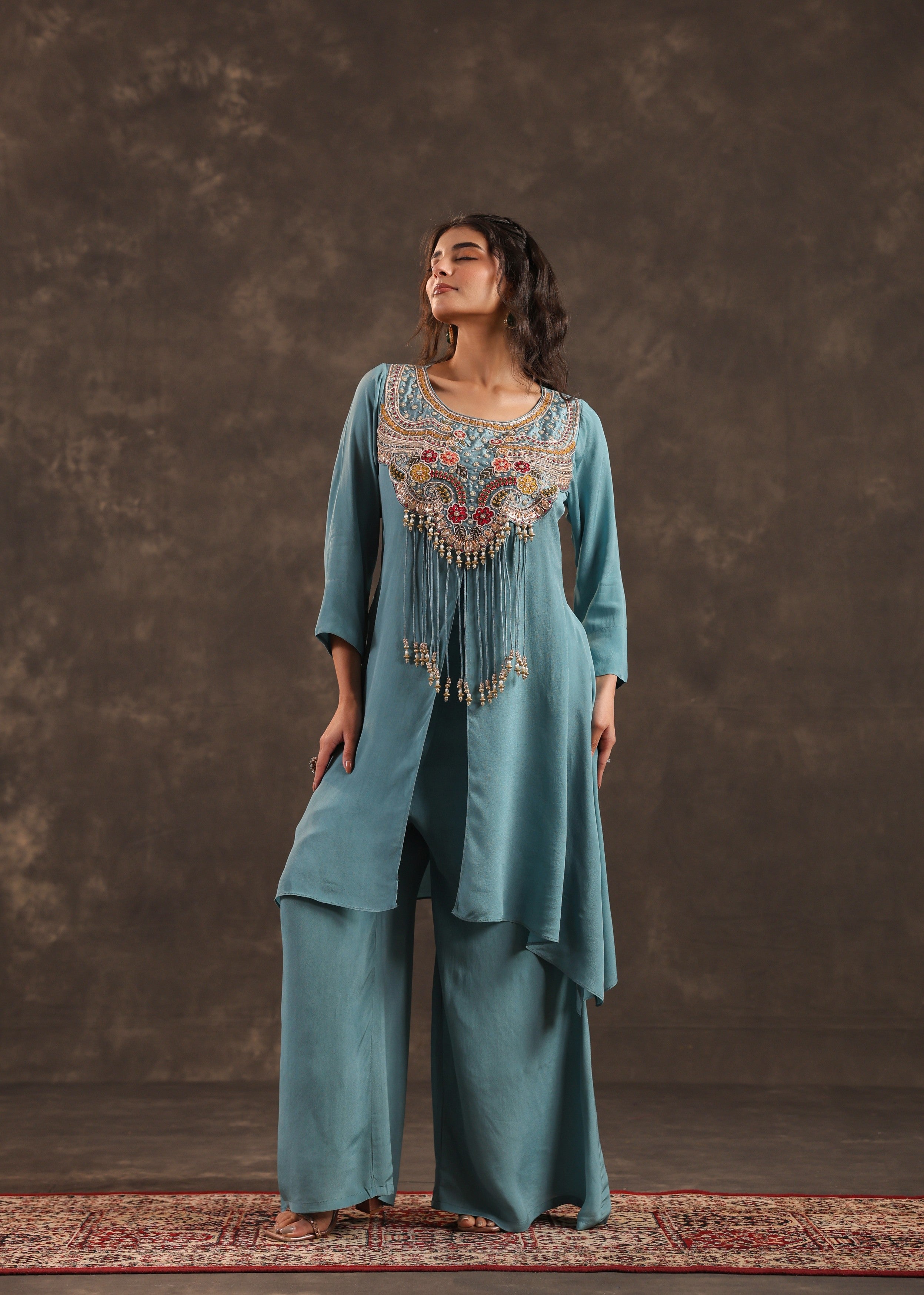 Sky Bloom Embellished Crepe Silk Palazzo Set