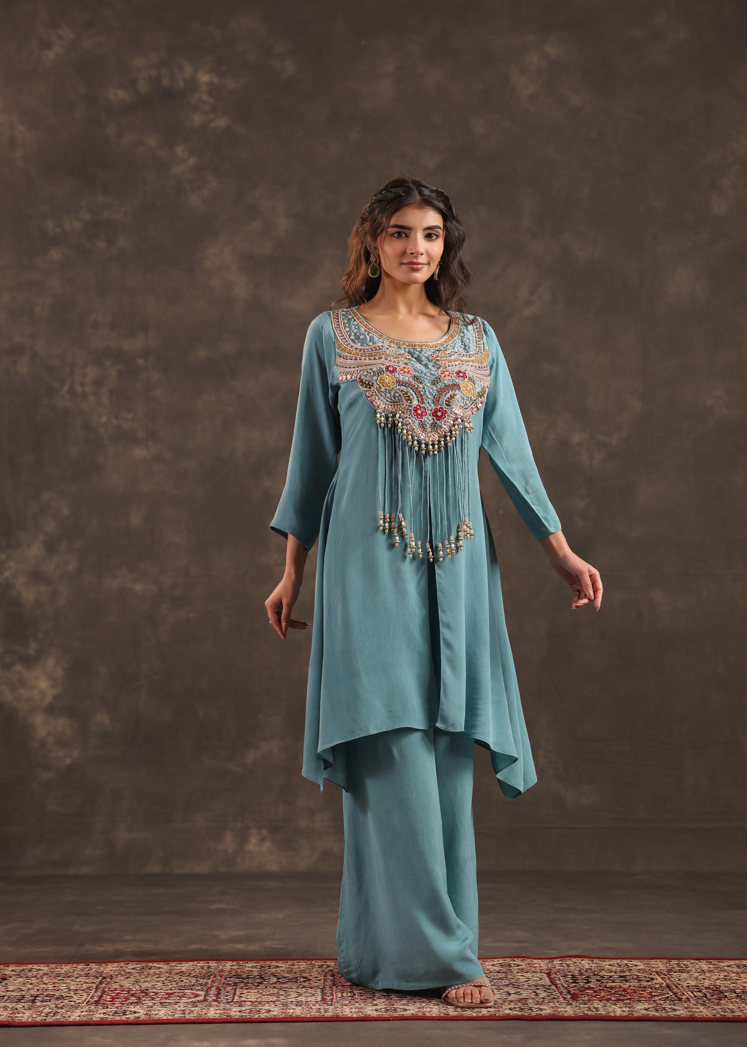 Sky Bloom Embellished Crepe Silk Palazzo Set