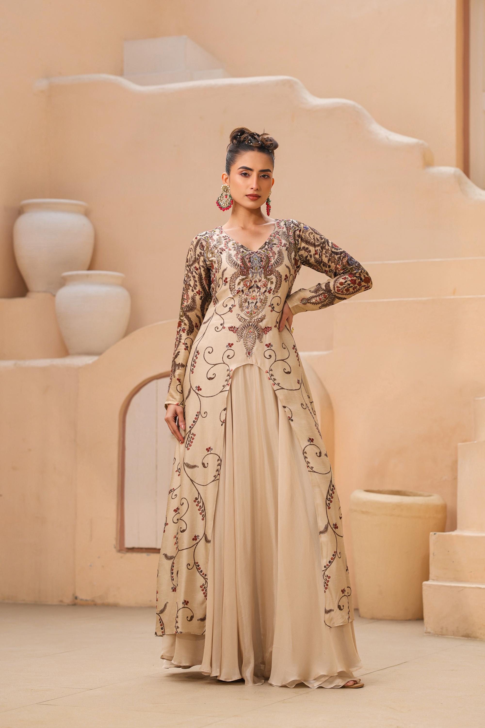 Champagne Traditional Printed Raw Silk Gown