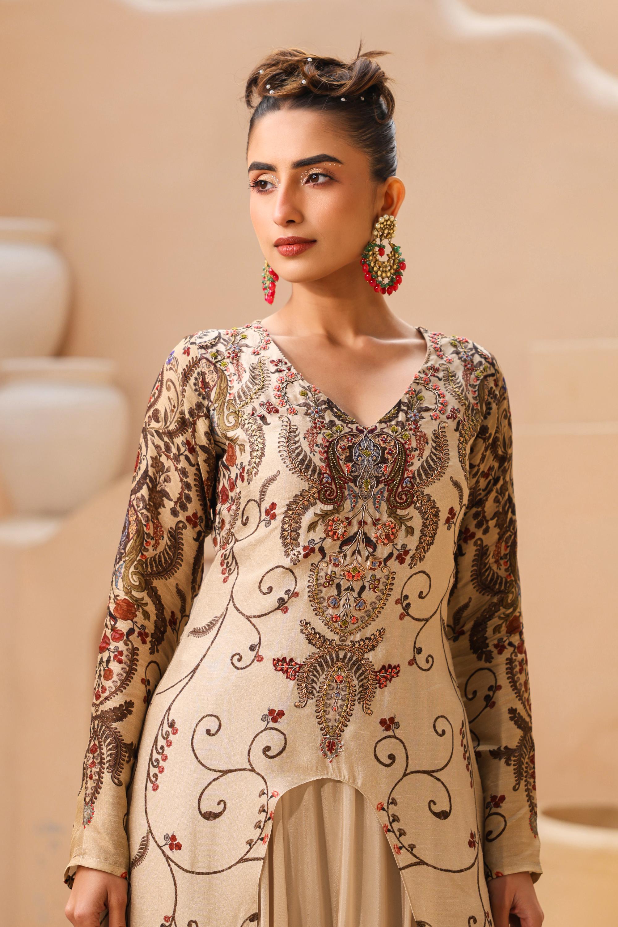 Champagne Traditional Printed Raw Silk Gown