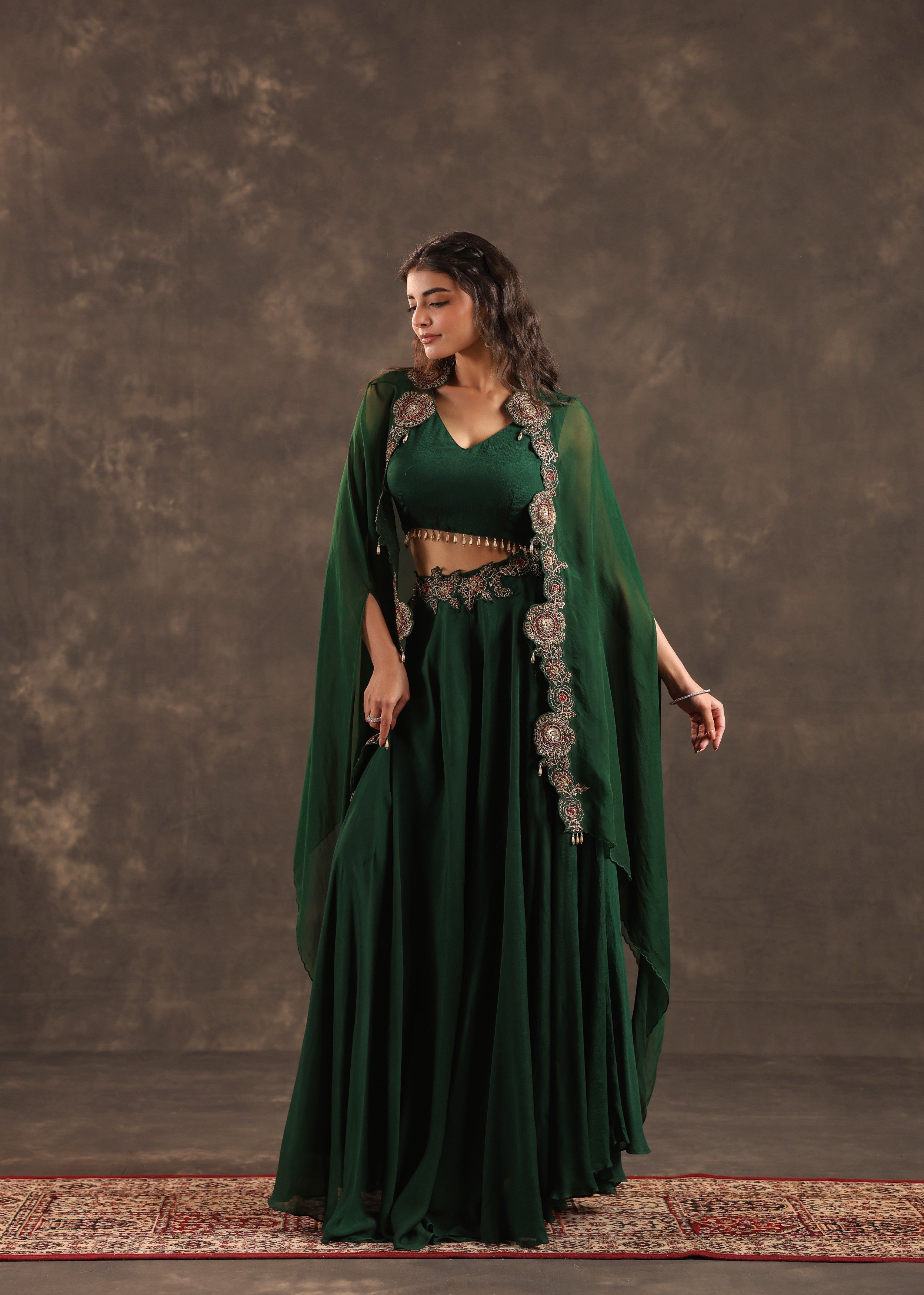 Emerald Flare Embellished Crepe Silk Cape Set