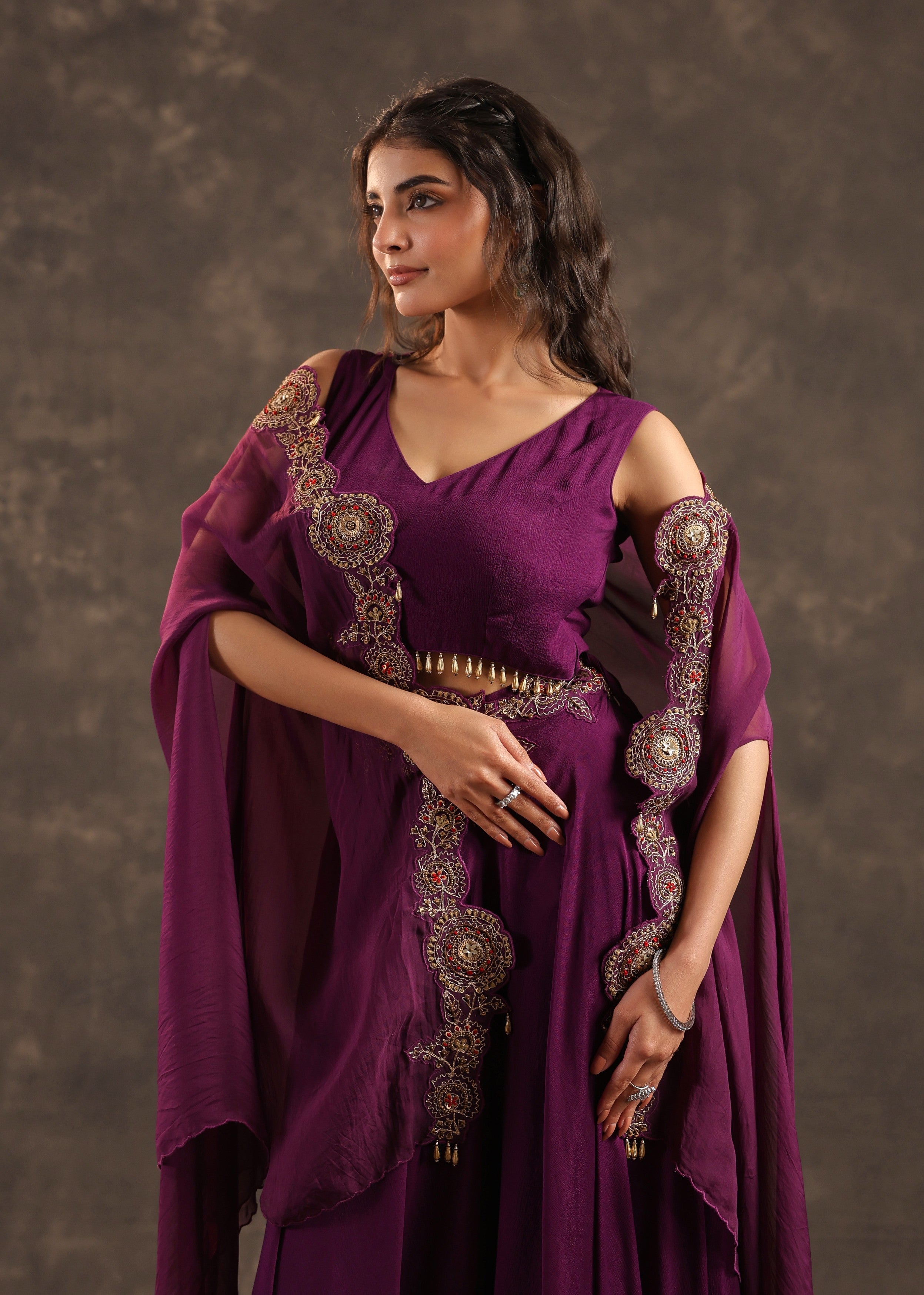 Plum Flare Embellished Crepe Silk Cape Set