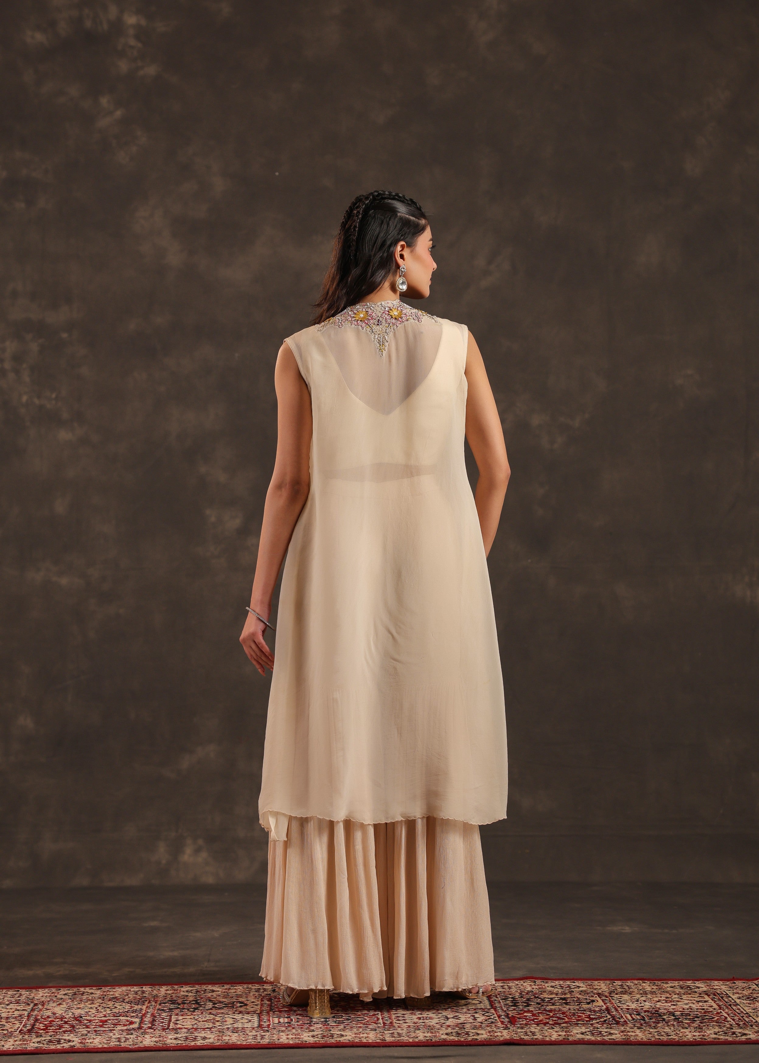 Beige Flora Embellished Chinon Silk Sharara Set