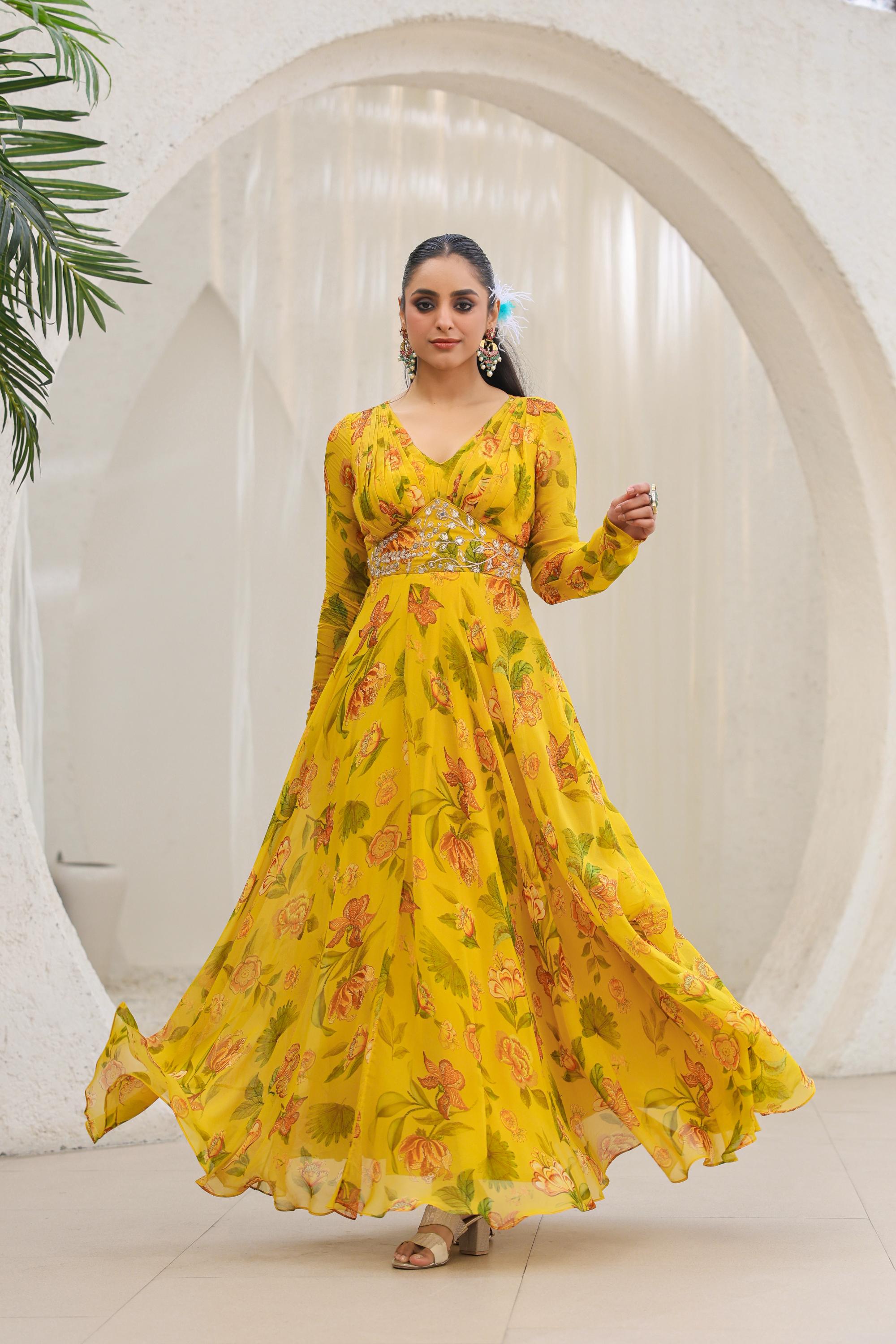 Bright Yellow Floral Printed Premium Organza Silk Gown