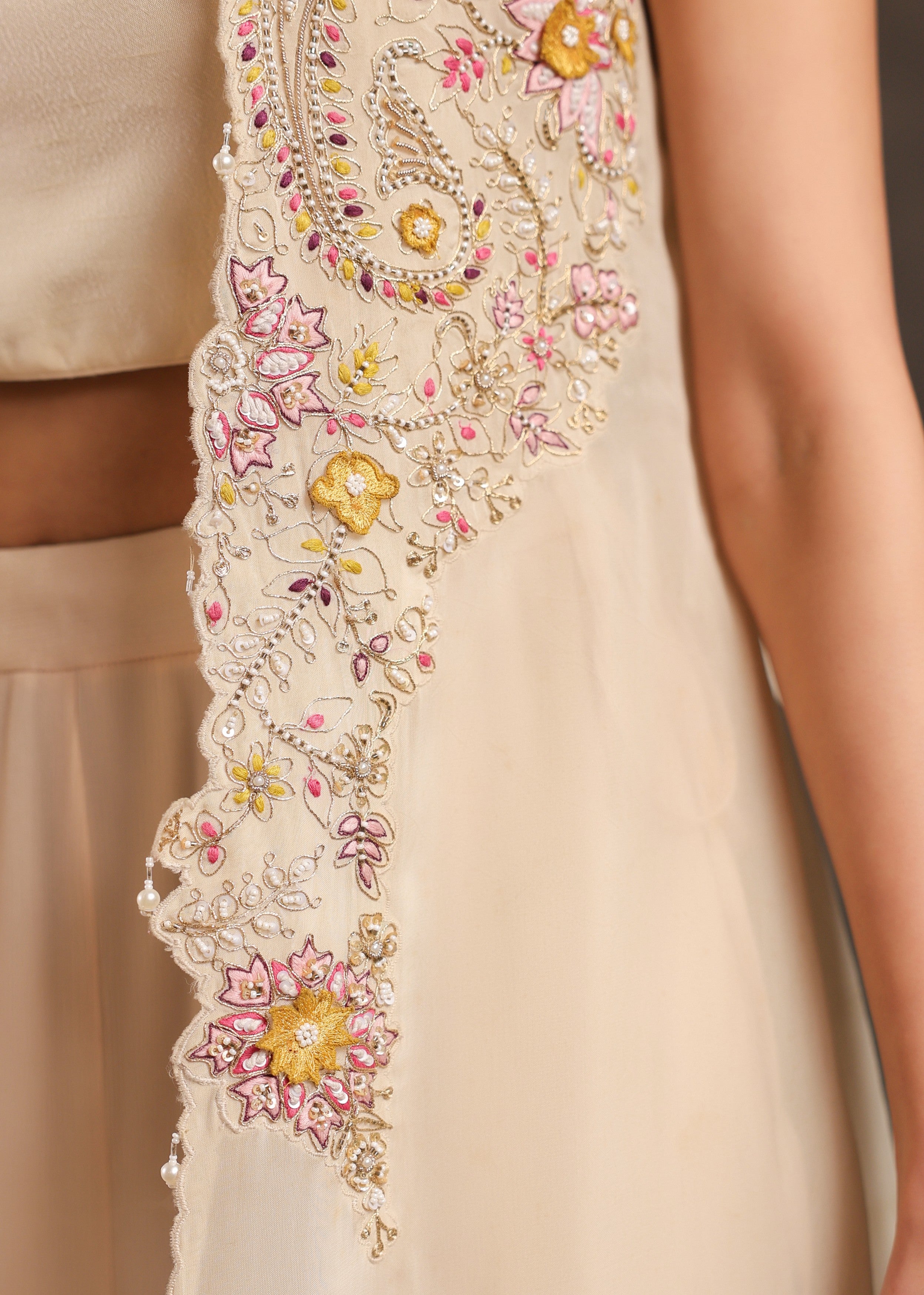 Beige Flora Embellished Chinon Silk Sharara Set