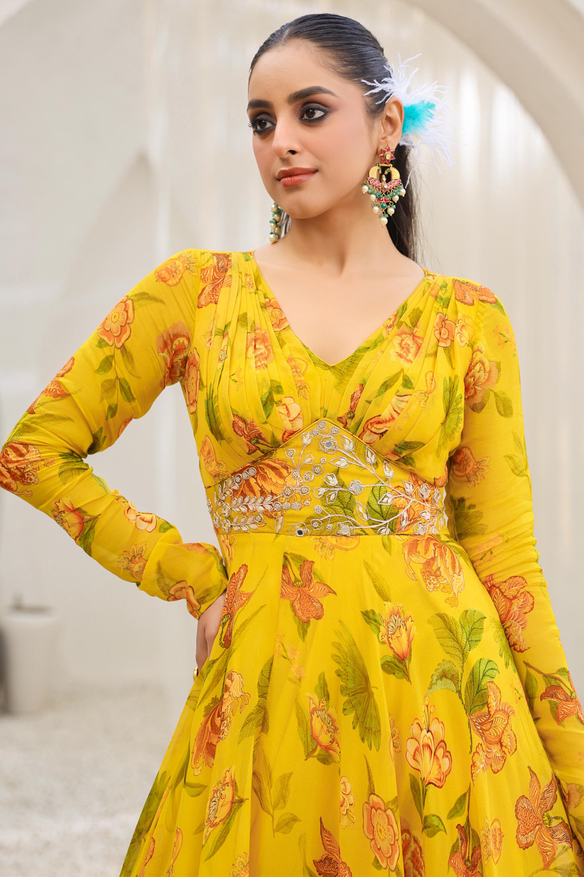 Bright Yellow Floral Printed Premium Organza Silk Gown