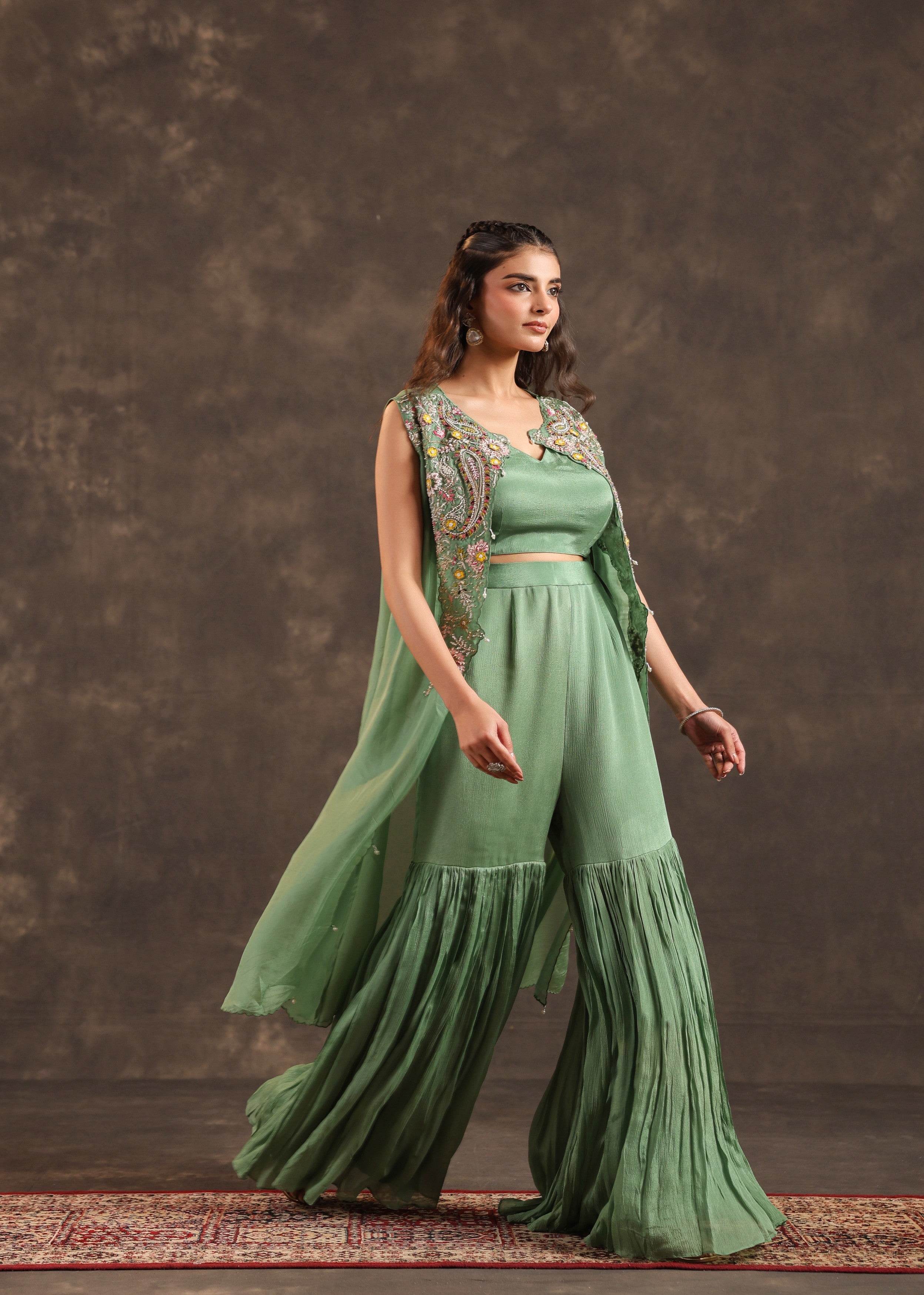 Sage Flora Embellished Chinon Silk Sharara Set