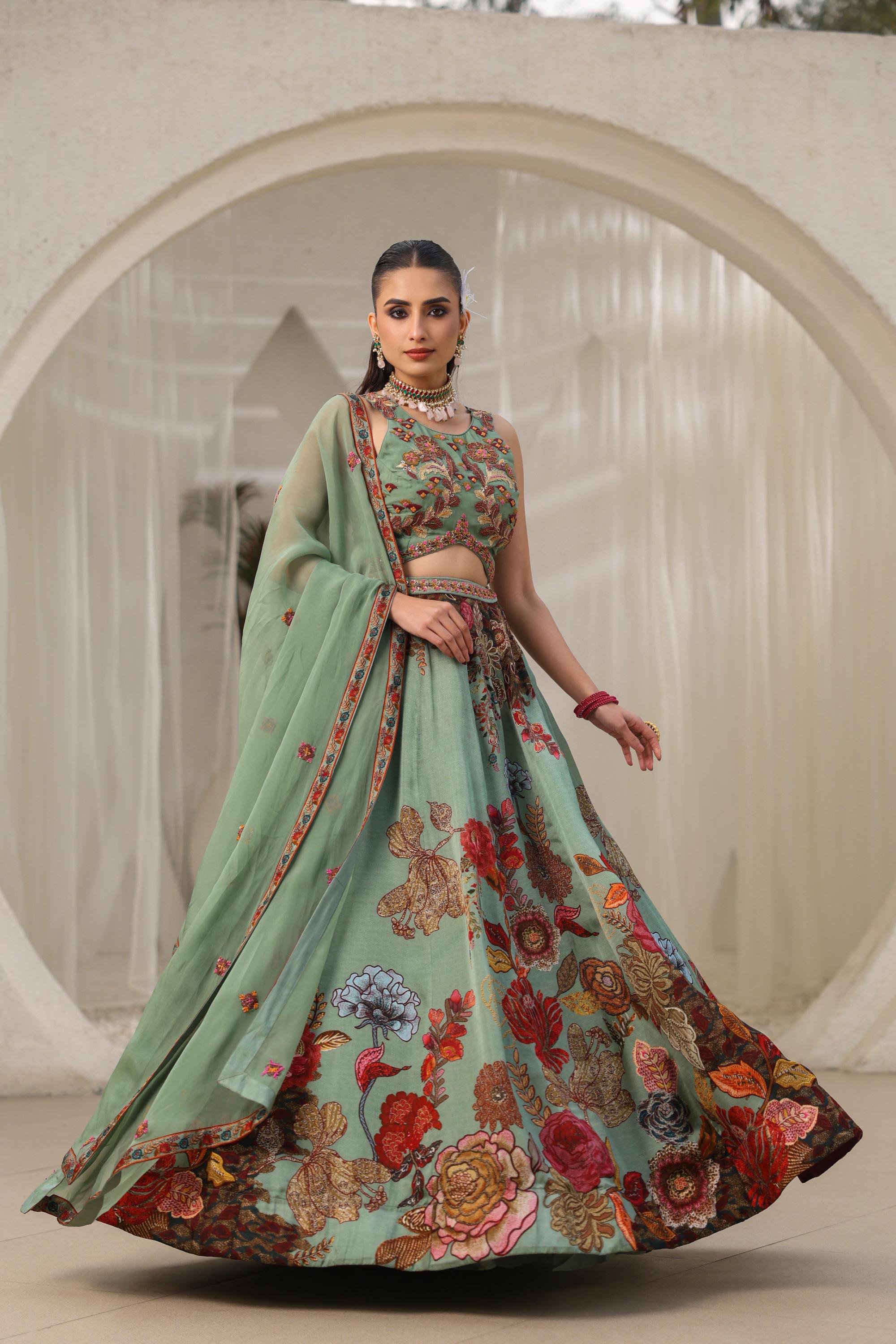 Jade Green Floral Printed Premium Organza Silk Lehenga Set