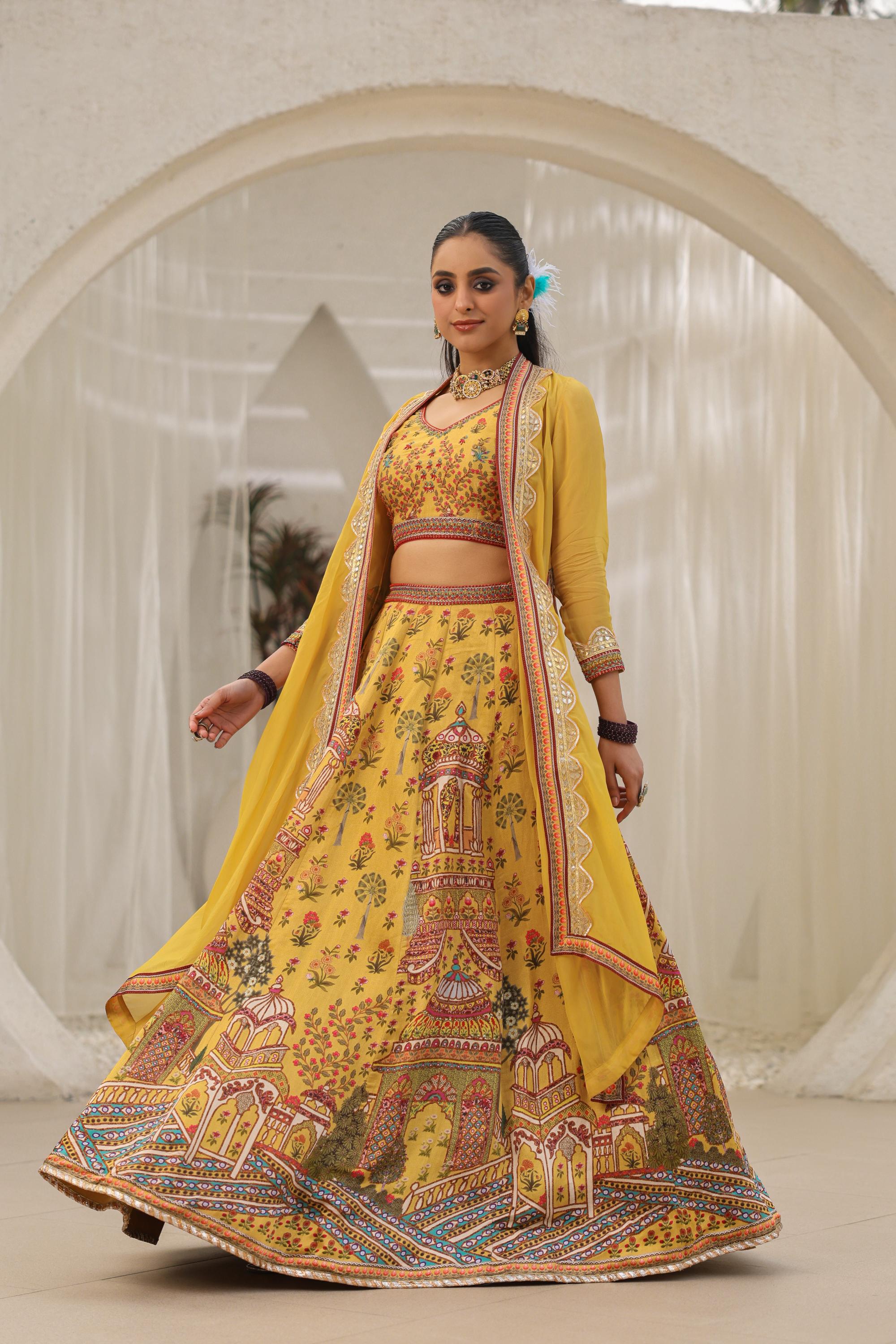 Mustard Yellow Traditional Printed Cape Lehenga Set