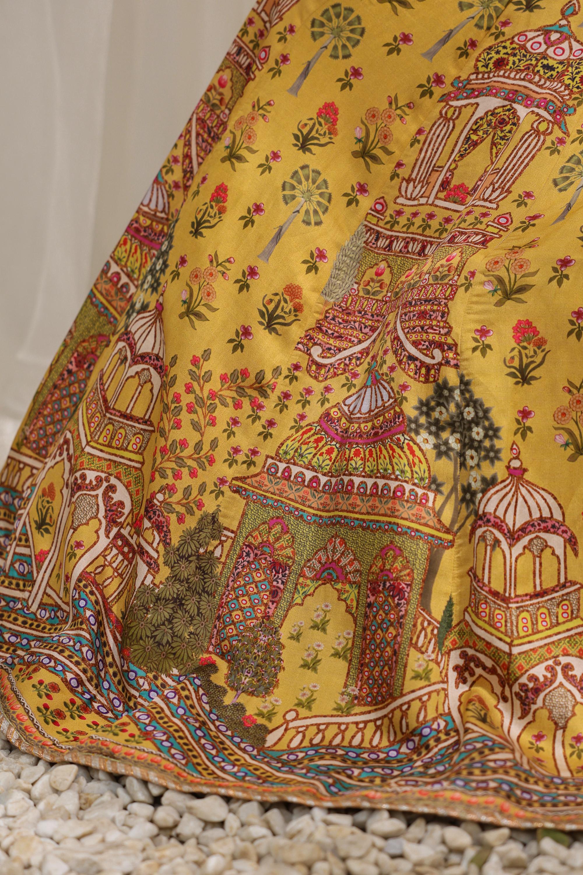 Mustard Yellow Traditional Printed Cape Lehenga Set