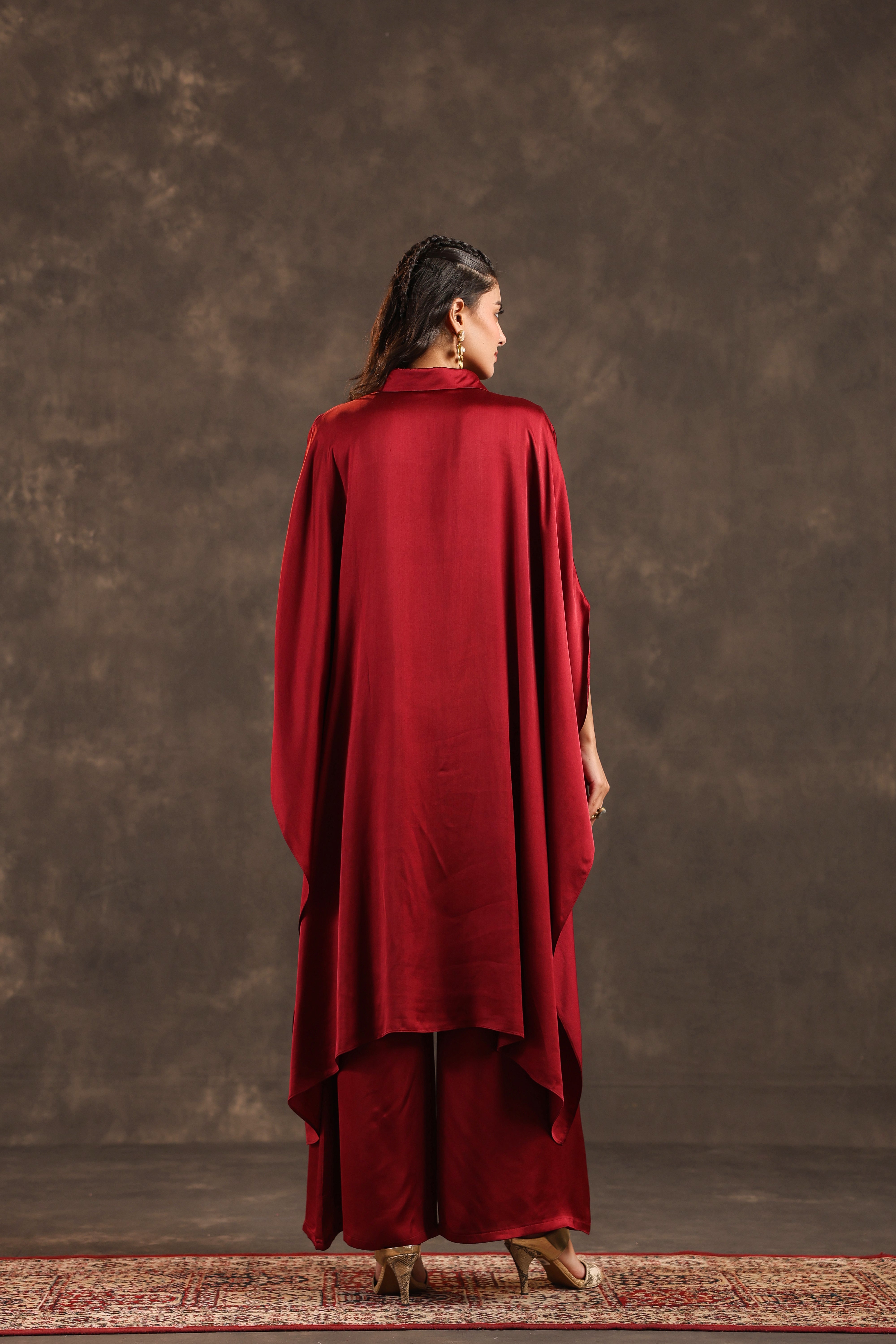 Metallic Red Embellished Modal Satin Silk Co-Ord Set
