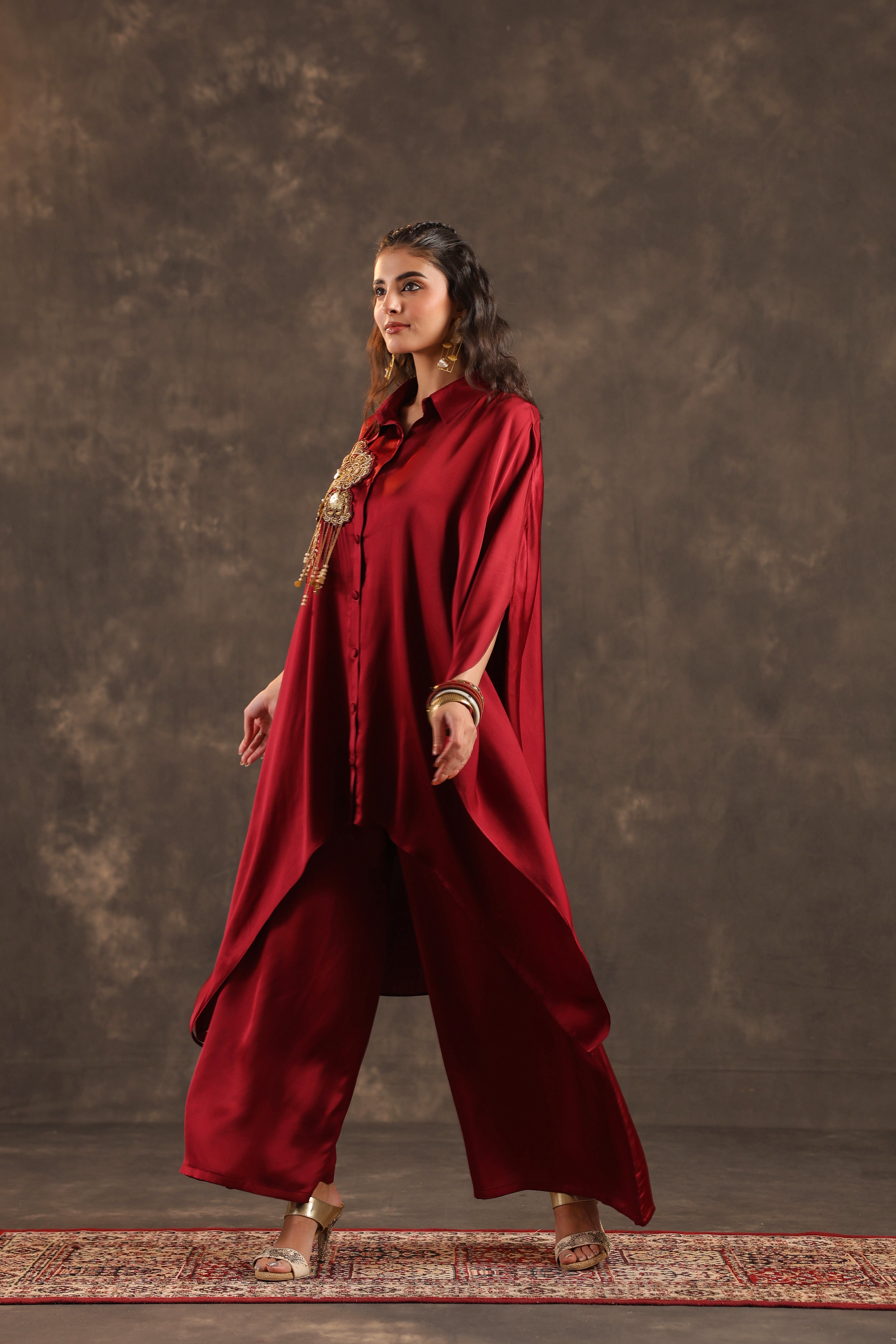Metallic Red Embellished Modal Satin Silk Co-Ord Set