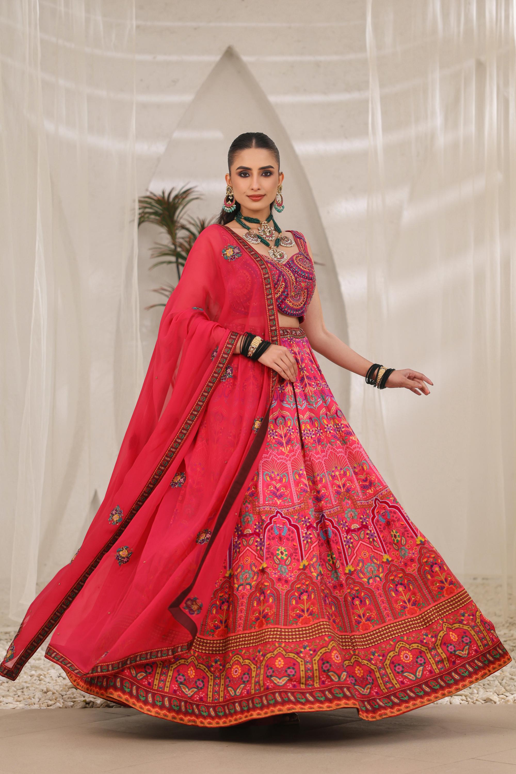 Cerise Pink Traditional Printed Premium Silk Lehenga Set