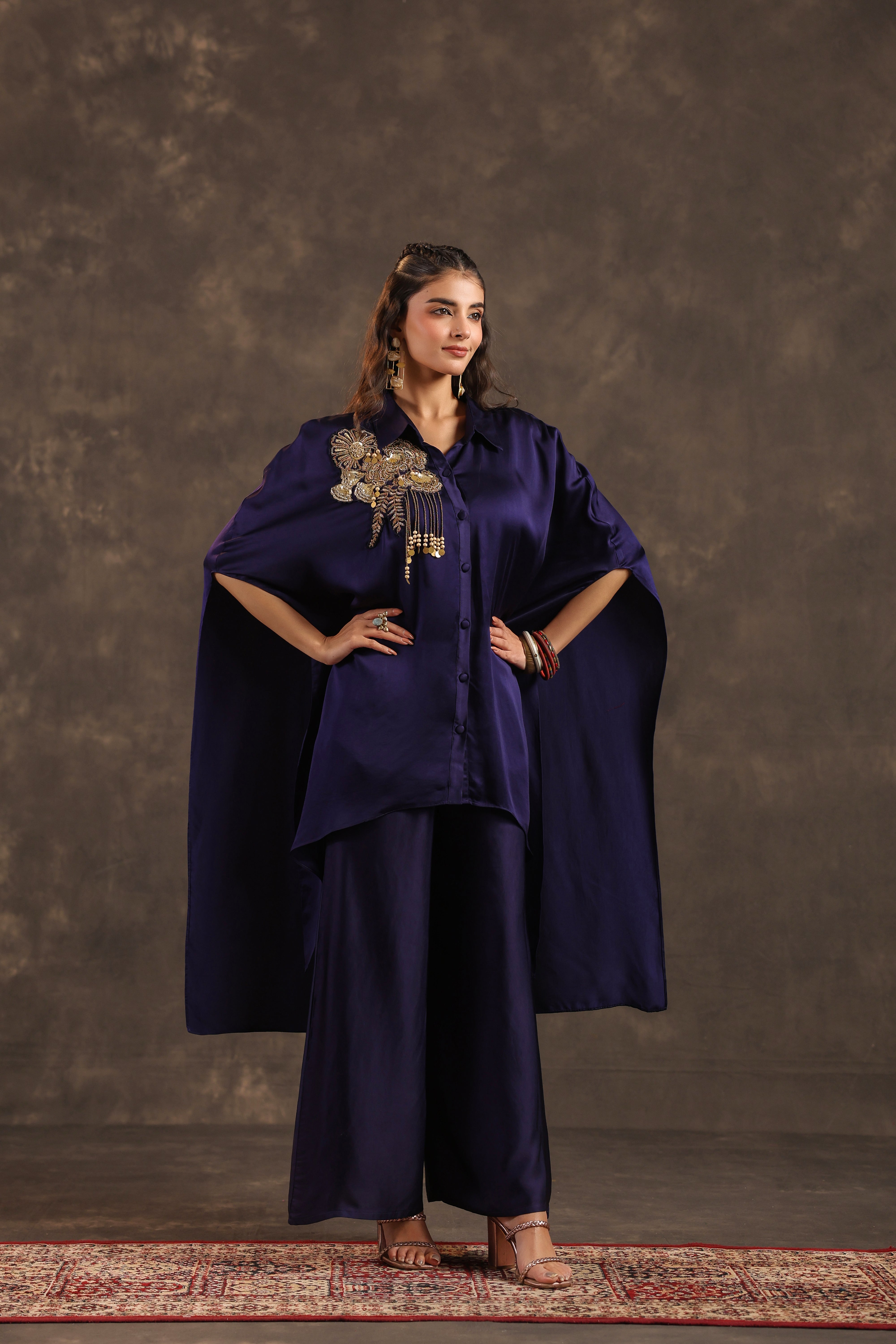 Metallic Indigo Embellished Modal Satin Silk Co-Ord Set