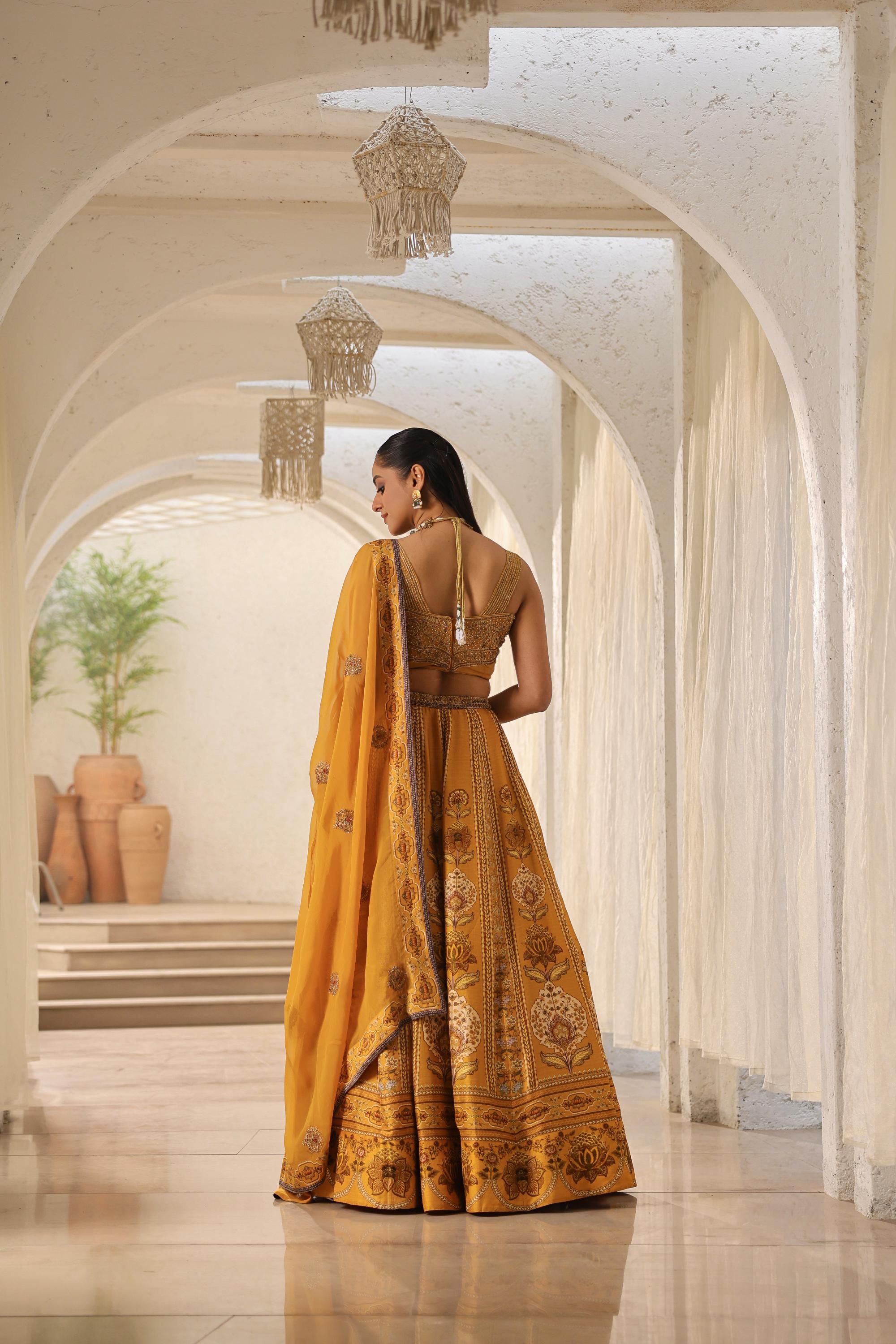 Mustard Traditional Printed Raw Silk Lehenga Set