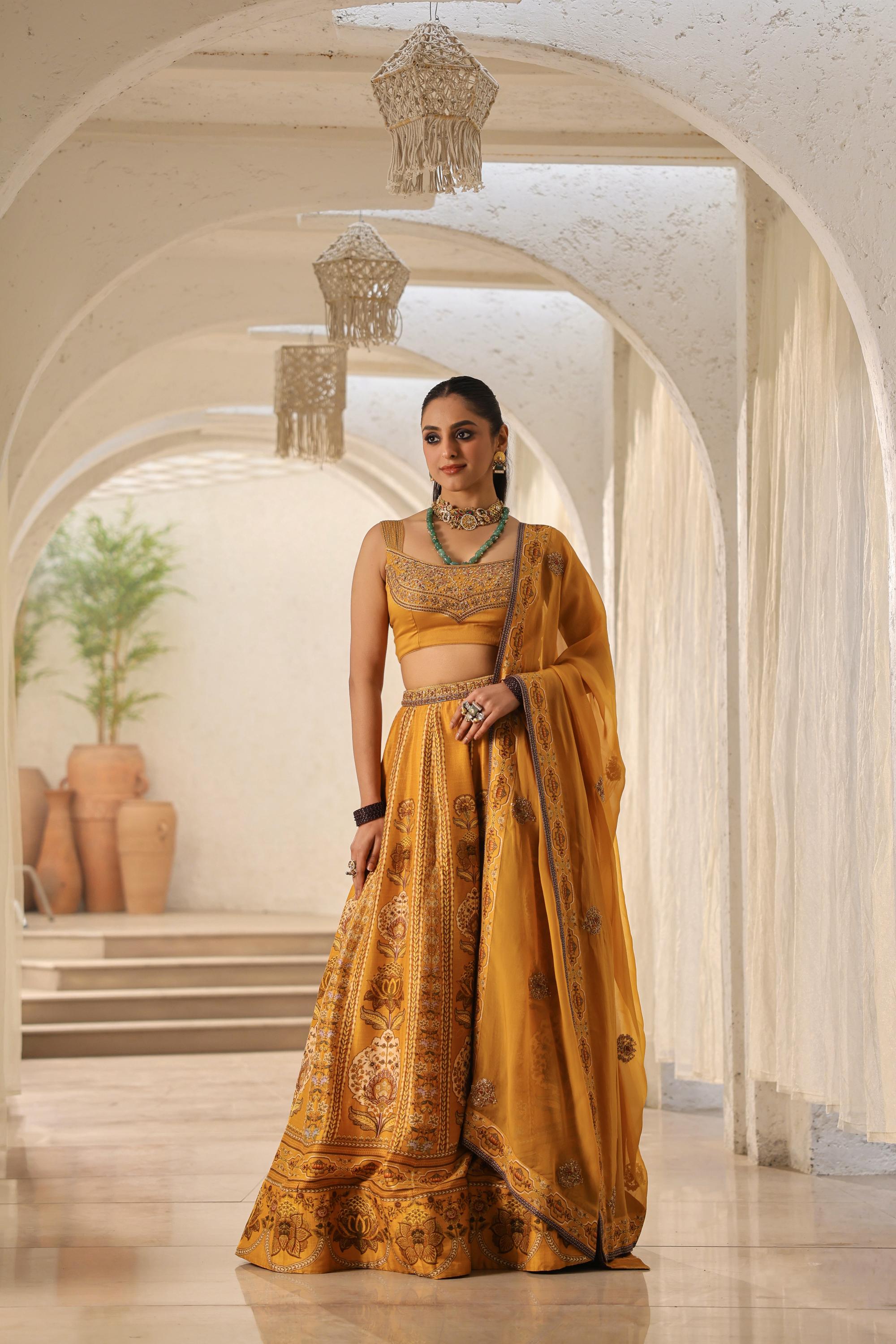 Mustard Traditional Printed Raw Silk Lehenga Set