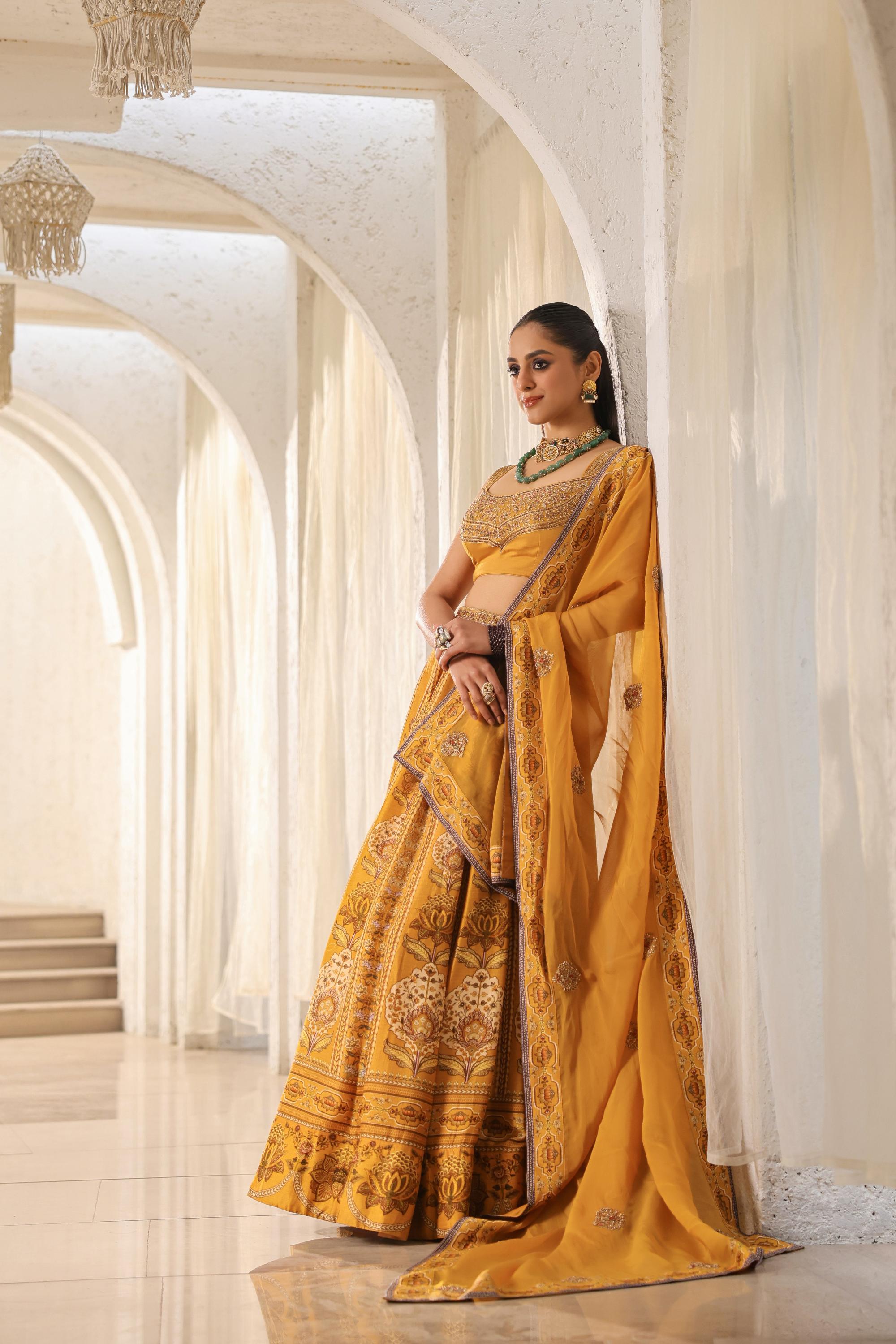 Mustard Traditional Printed Raw Silk Lehenga Set