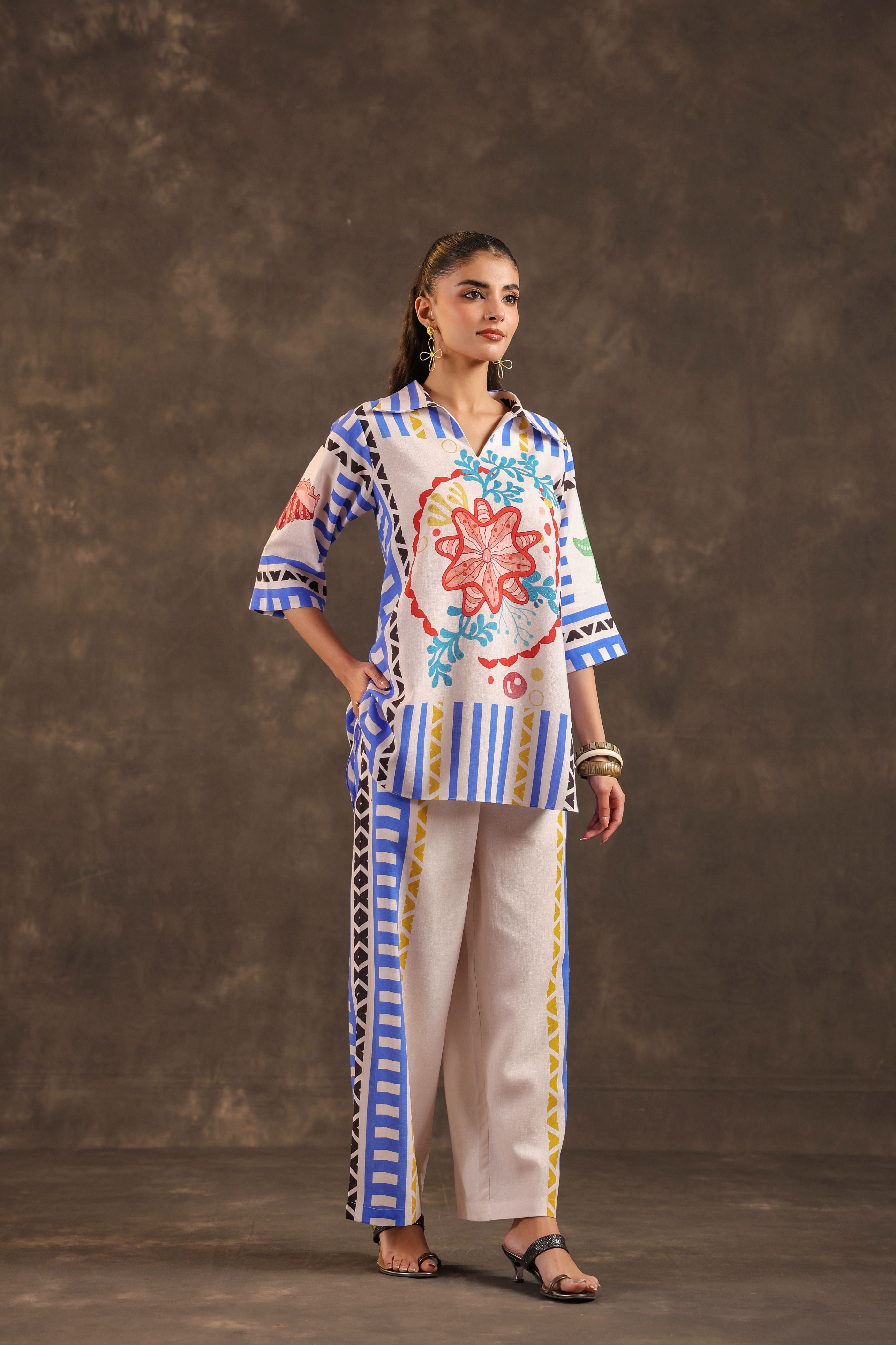Blue Fiesta Printed Linen Co-Ord Set