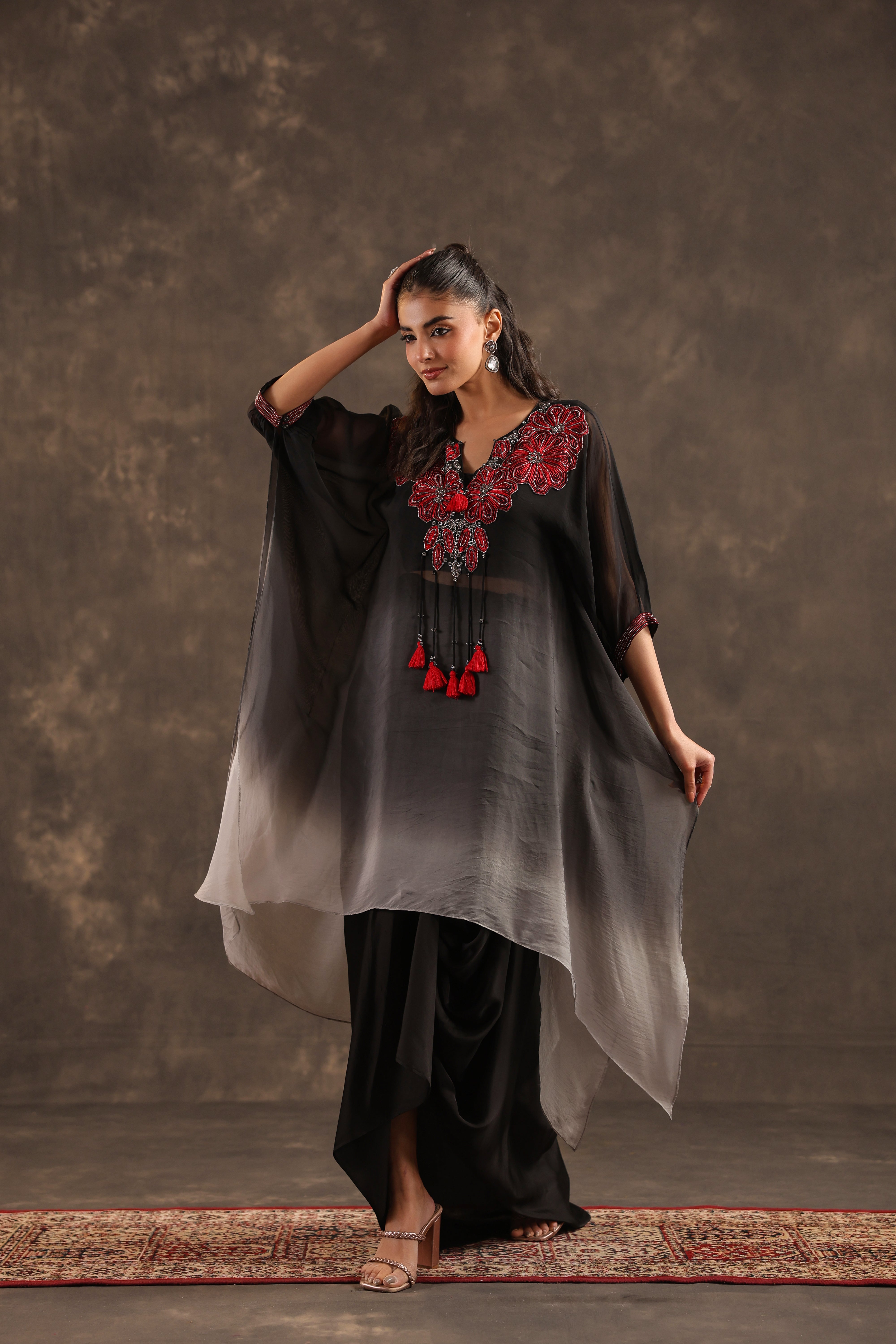 Midnight Bloom Embellished Organza Silk Skirt Set