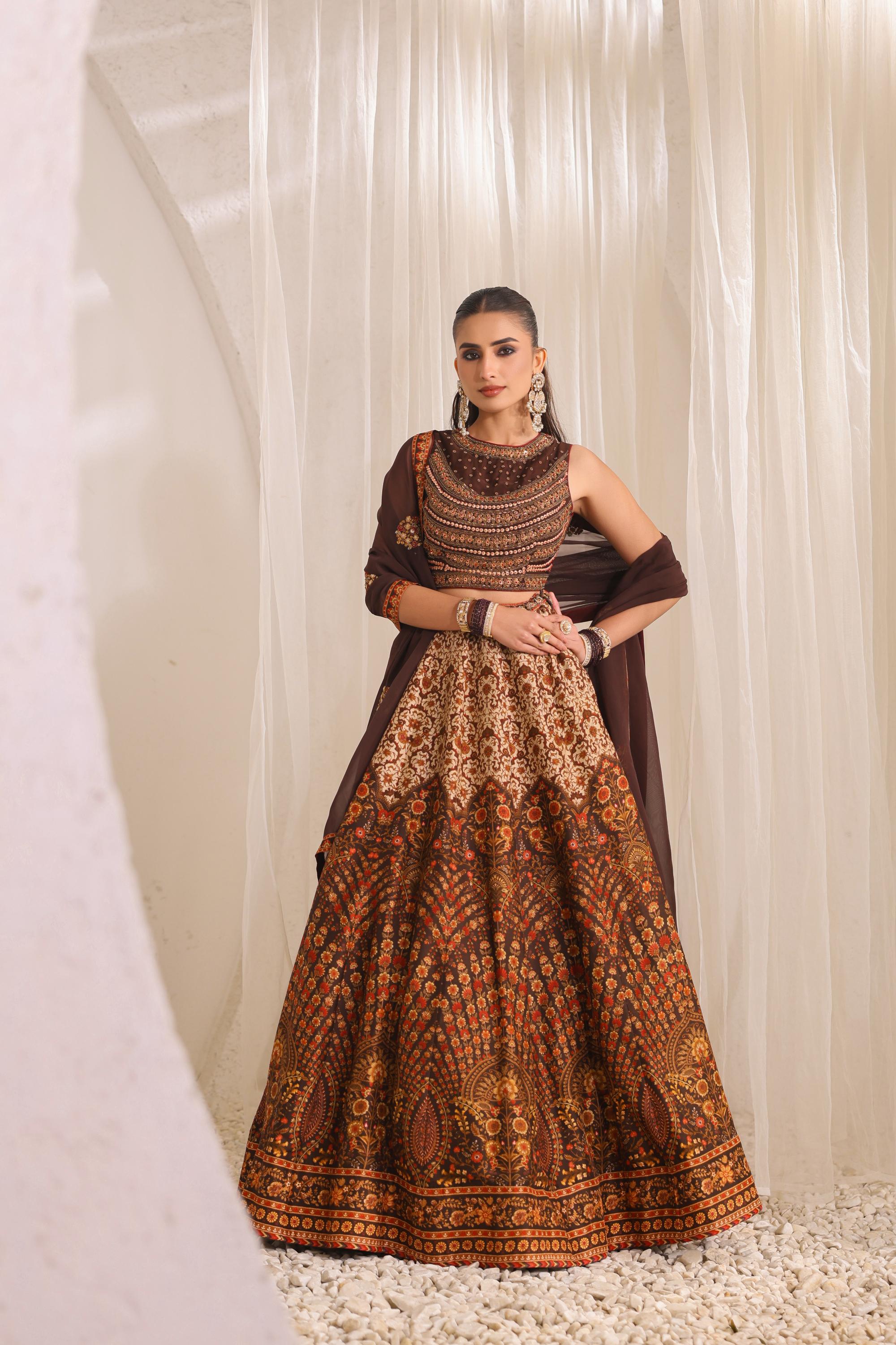 Dark Brown Traditional Printed Raw Silk Lehenga Set