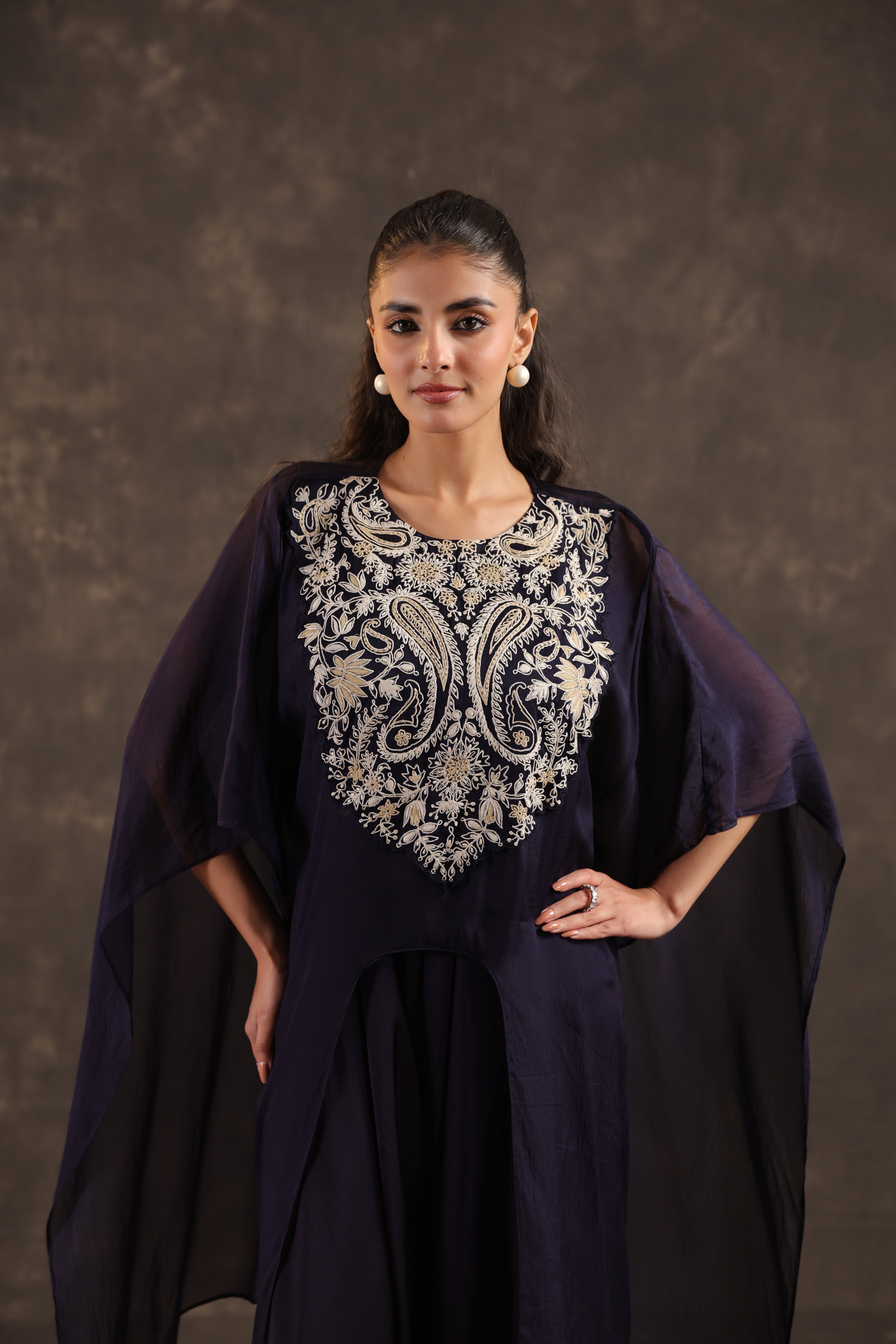 Blue Cape Embellished Organza Silk Kurta Set