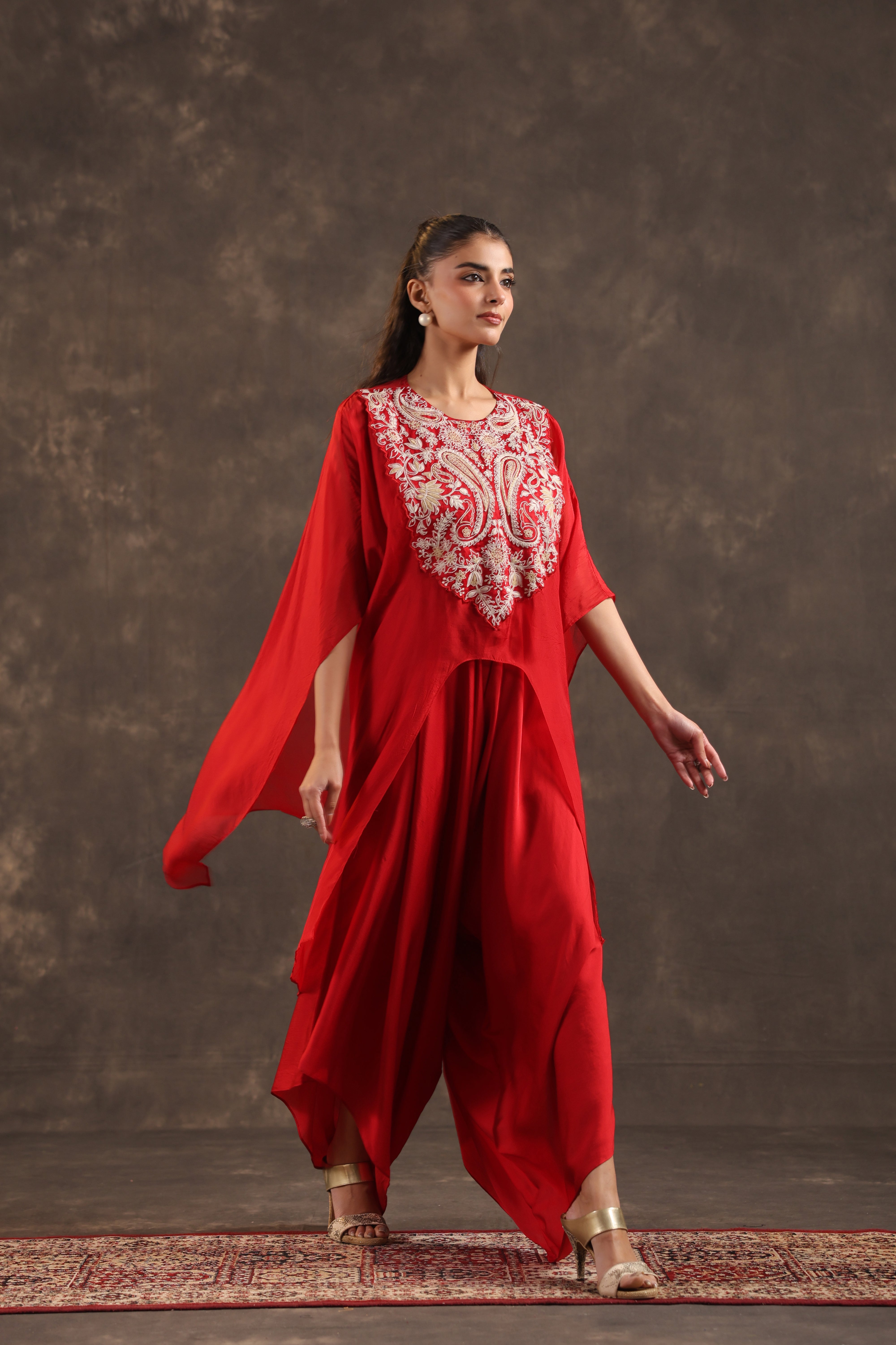 Red Cape Embellished Organza Silk Kurta Set